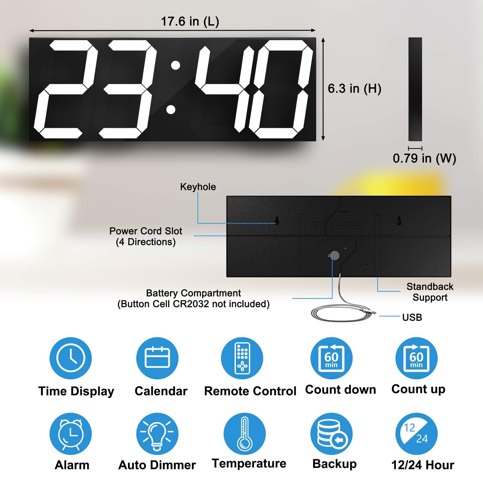 CHKOSDA Large Digital Wall Clock | 6" LED Display with Countdown Timer