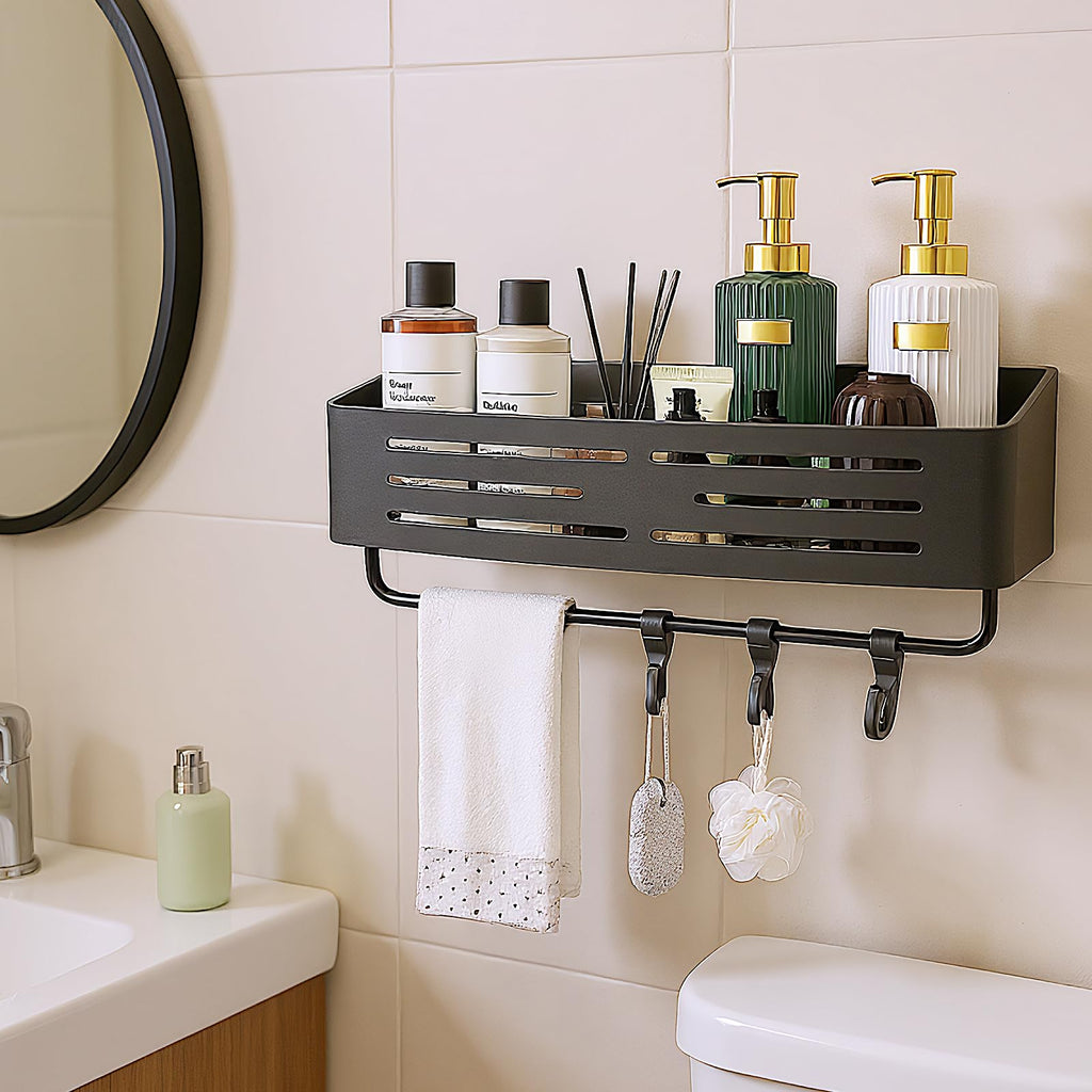 Rieoany Shower Organiser, Hanging Caddy, Wall Mounted Shelf No Drilling, Space Aluminium Bathroom Shelves with Hooks - image 4