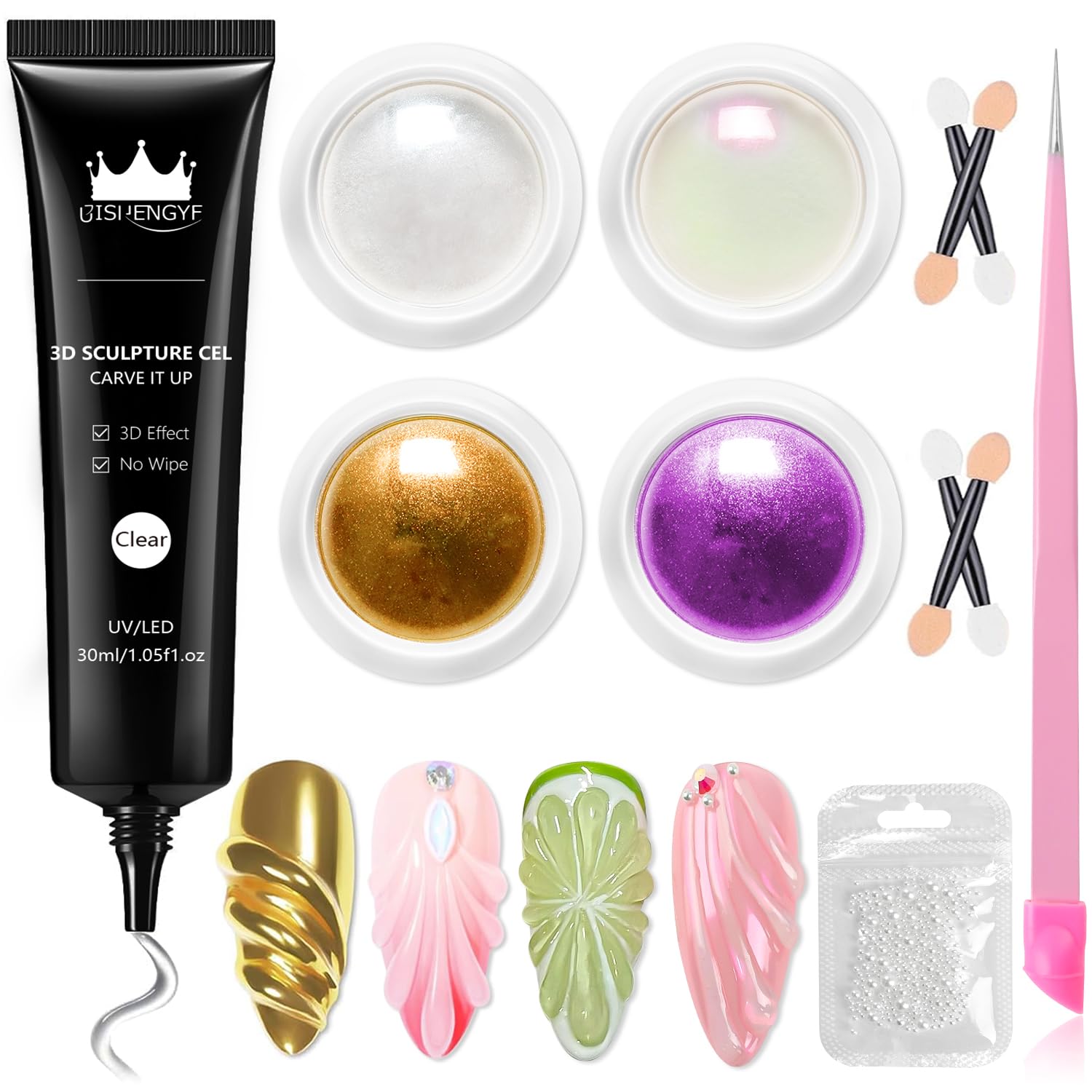 BISHENGYF 3D Nail Art Gel Set – 30g Molding Gel with 4 Chrome Powders