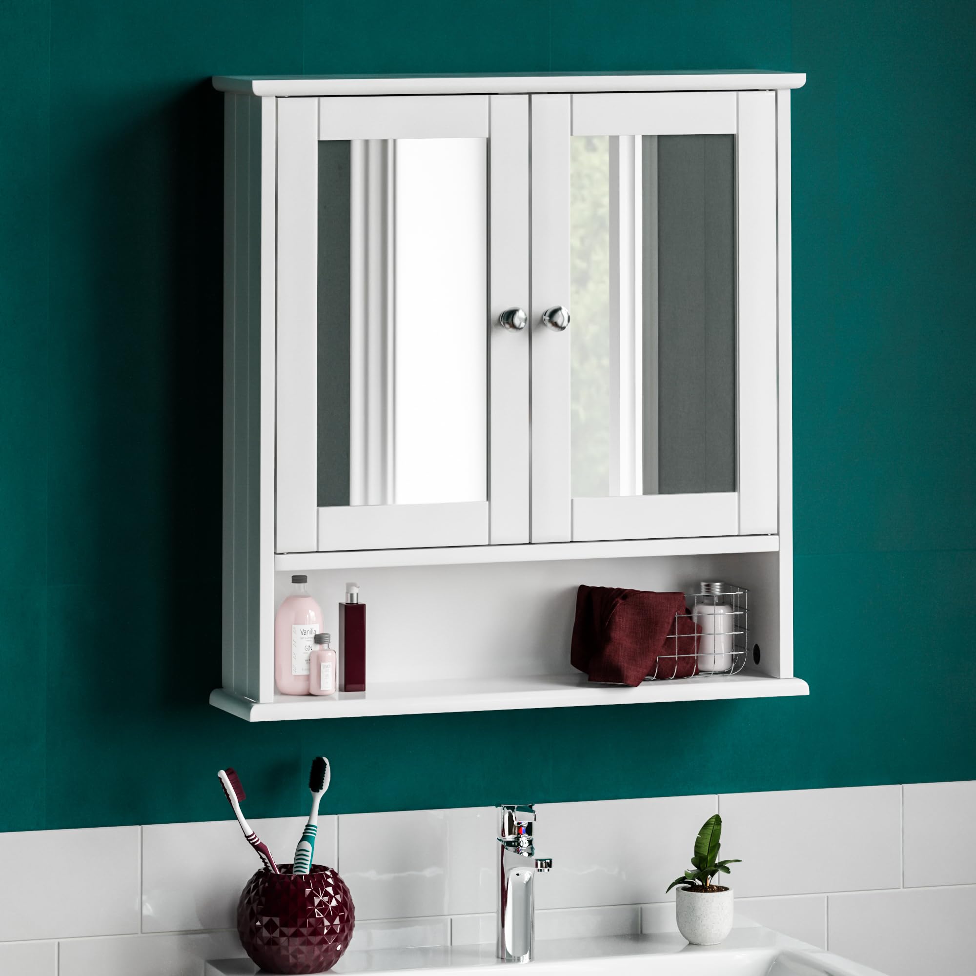Bath Vida Priano White Mirrored Wall Mounted Double Door Bathroom Cabinet