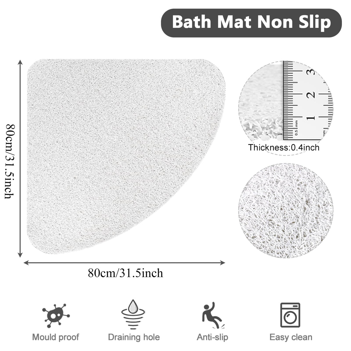 Lurowo Corner Shower Mat, Quadrant Loofah Shower Mat White, 80 * 80cm - image 2