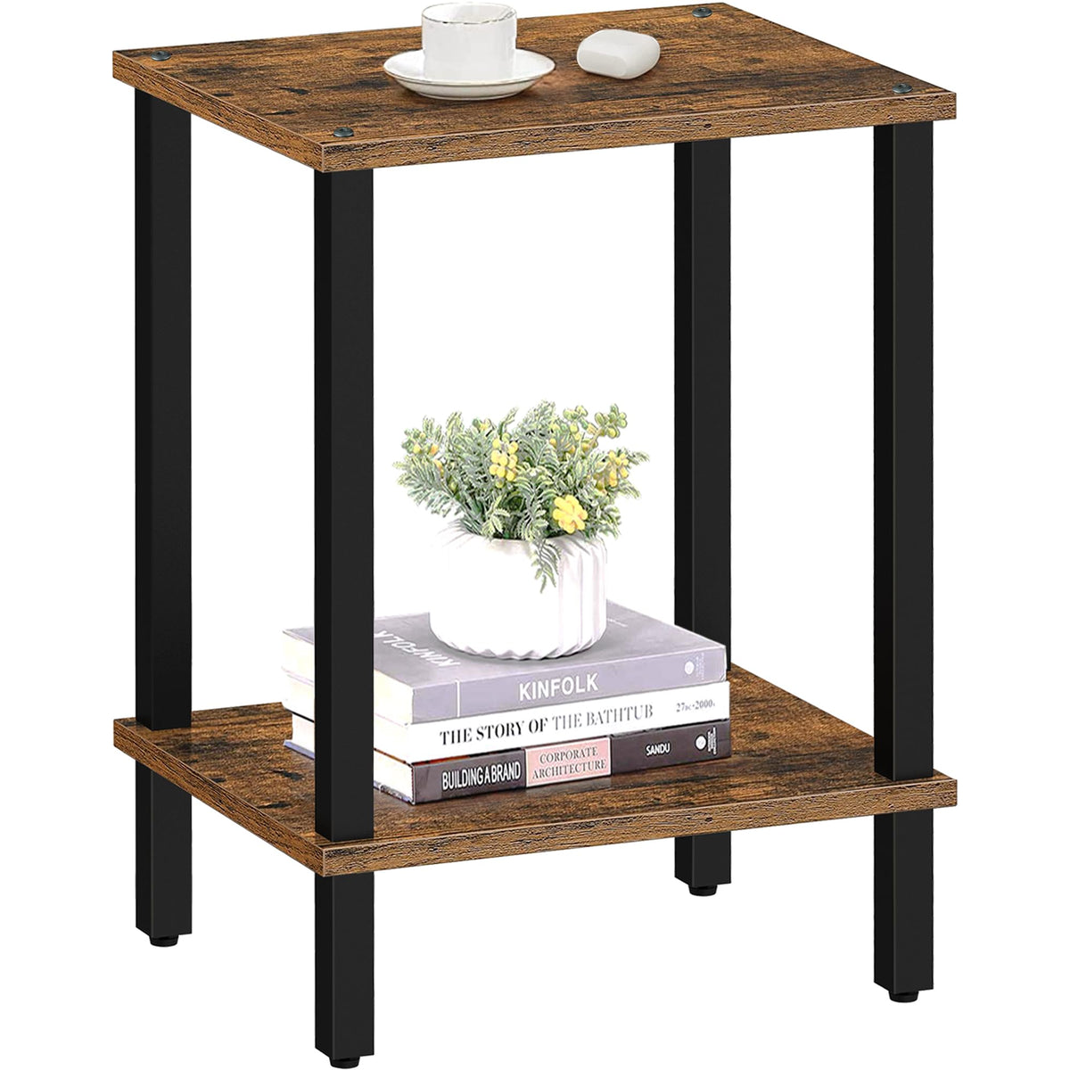 TUTOTAK Side Table, Bedside Table, Night stand, 2-Tier Storage Shelf, End Table for Small Space, Living Room, Bed Room, Brown TB01BB034EU - image 1