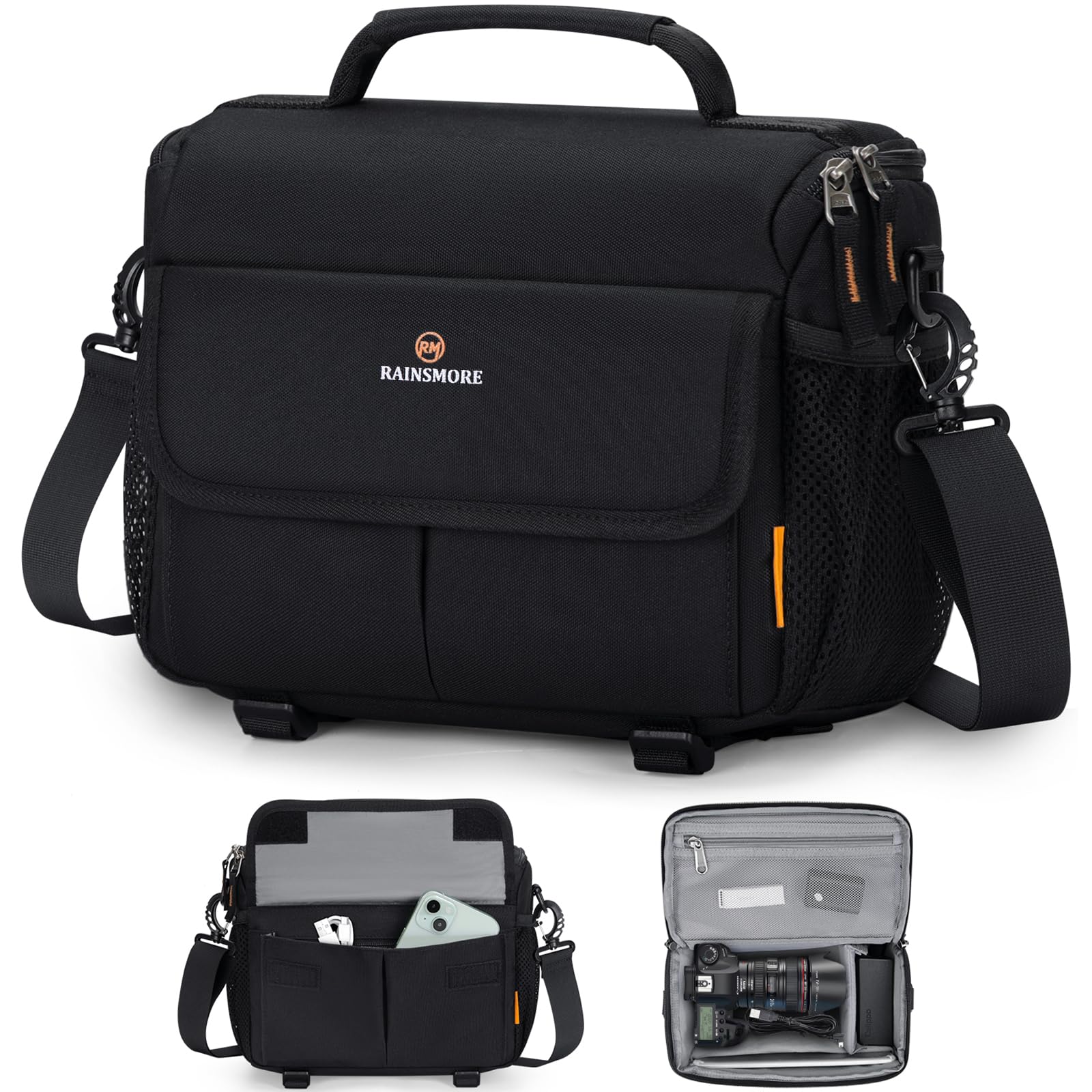 RAINSMORE Camera Sling Bag – Water-Repellent DSLR Crossbody Case, Black