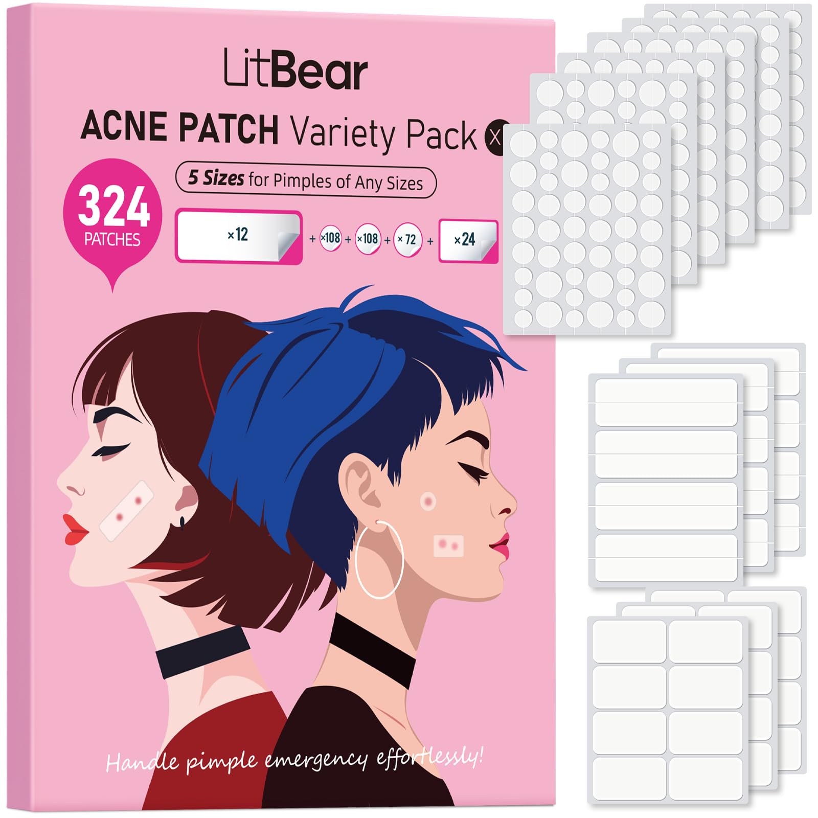 LitBear Hydrocolloid Pimple Patches | 324 Count Large Acne Stickers