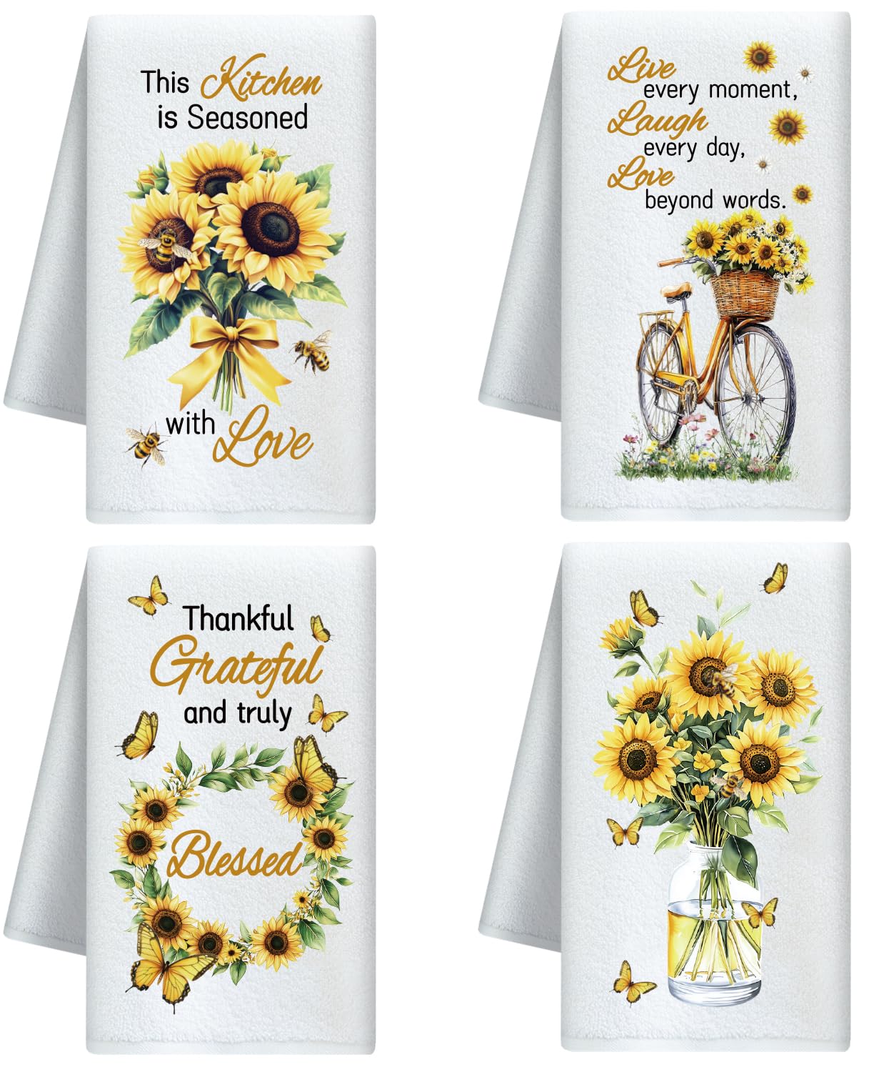 CUTHOLLOW Sunflower & Butterfly Microfiber Kitchen Towels – Set of 4