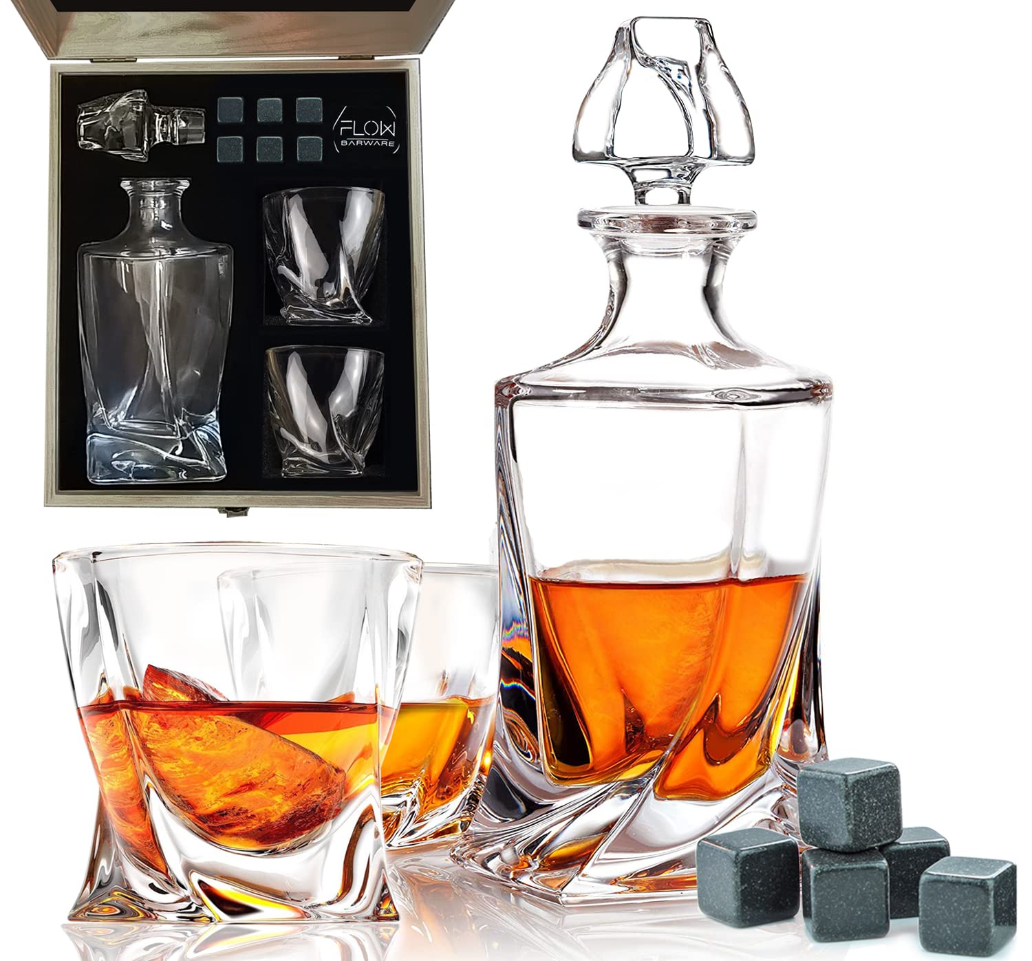 FLOW Barware Twist Whiskey Decanter Set - 2 Glasses & 6 Granite Stones