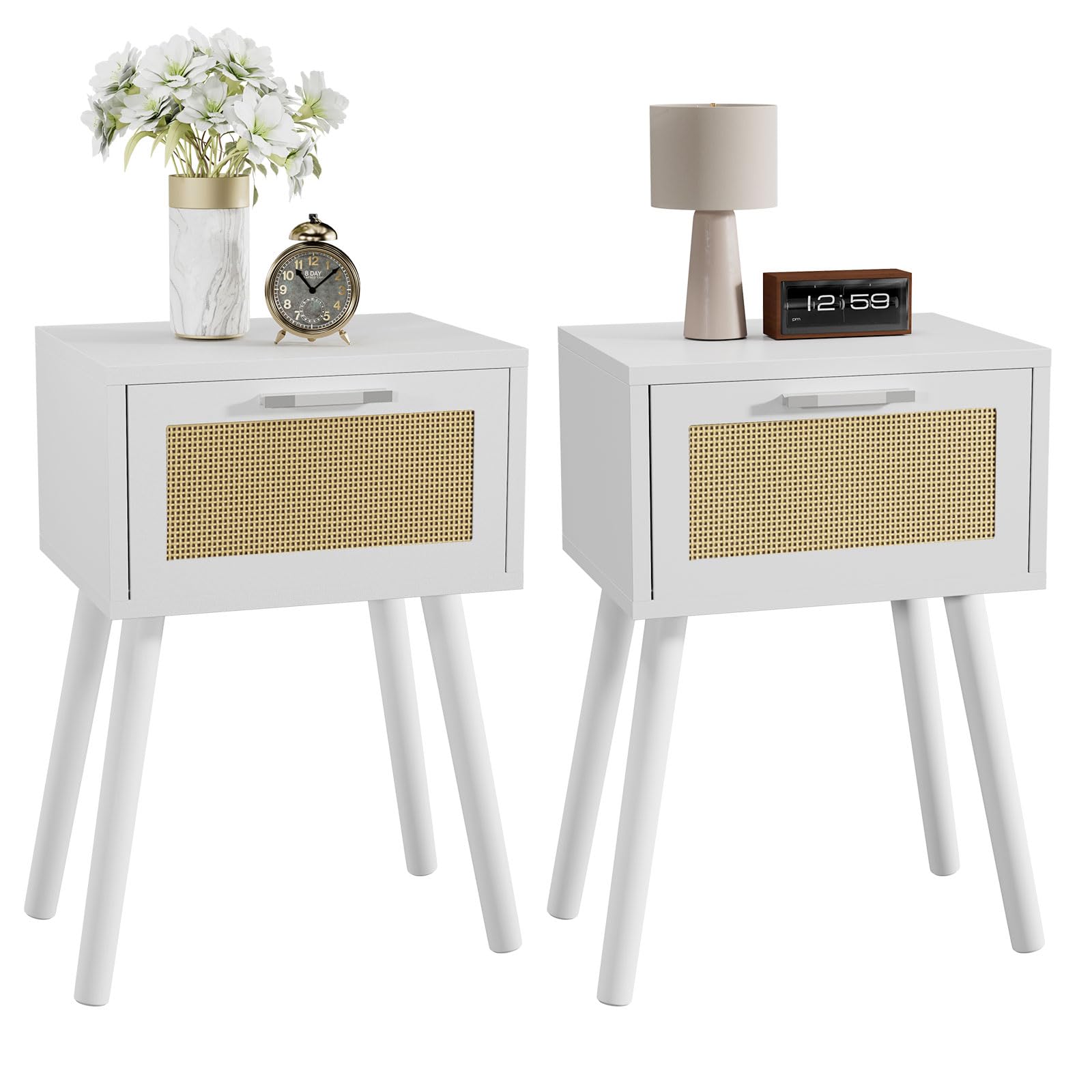 YMYNY Rattan Nightstand Set of 2 – Modern Side Table with Solid Wood Legs
