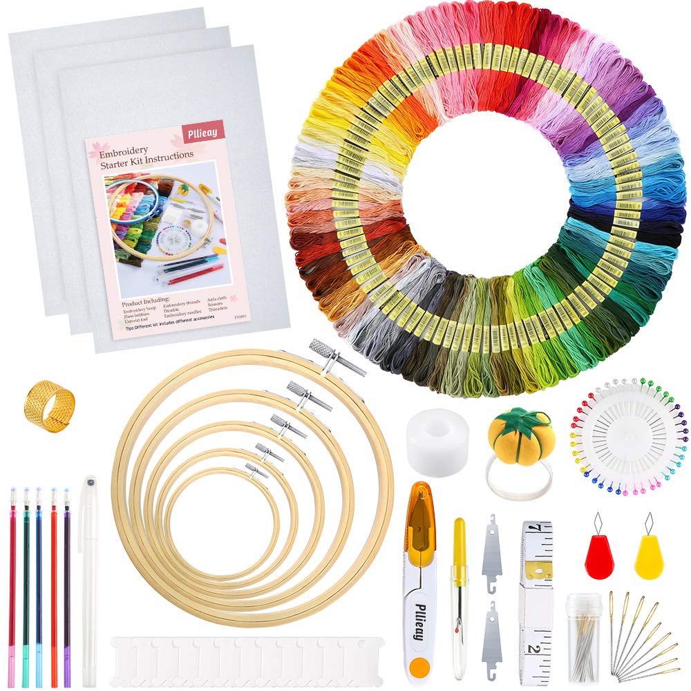 Pllieay Embroidery Starter Kit | 100 Colors, 5 Bamboo Hoops & Aida Cloth
