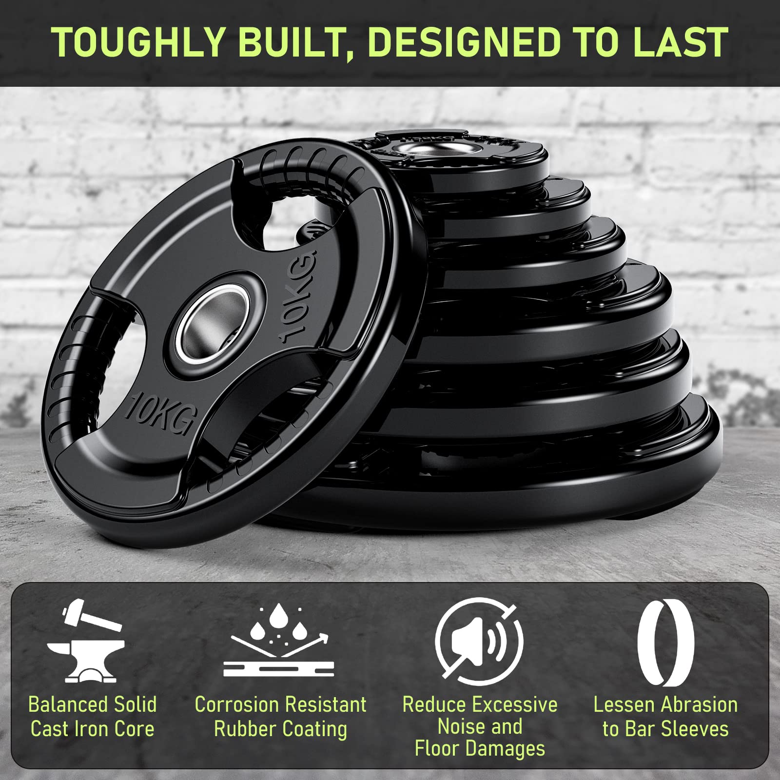 PhysKcal Olympic Weight Plates - 2 x 5kg Rubber Coated Tri-Grip Discs