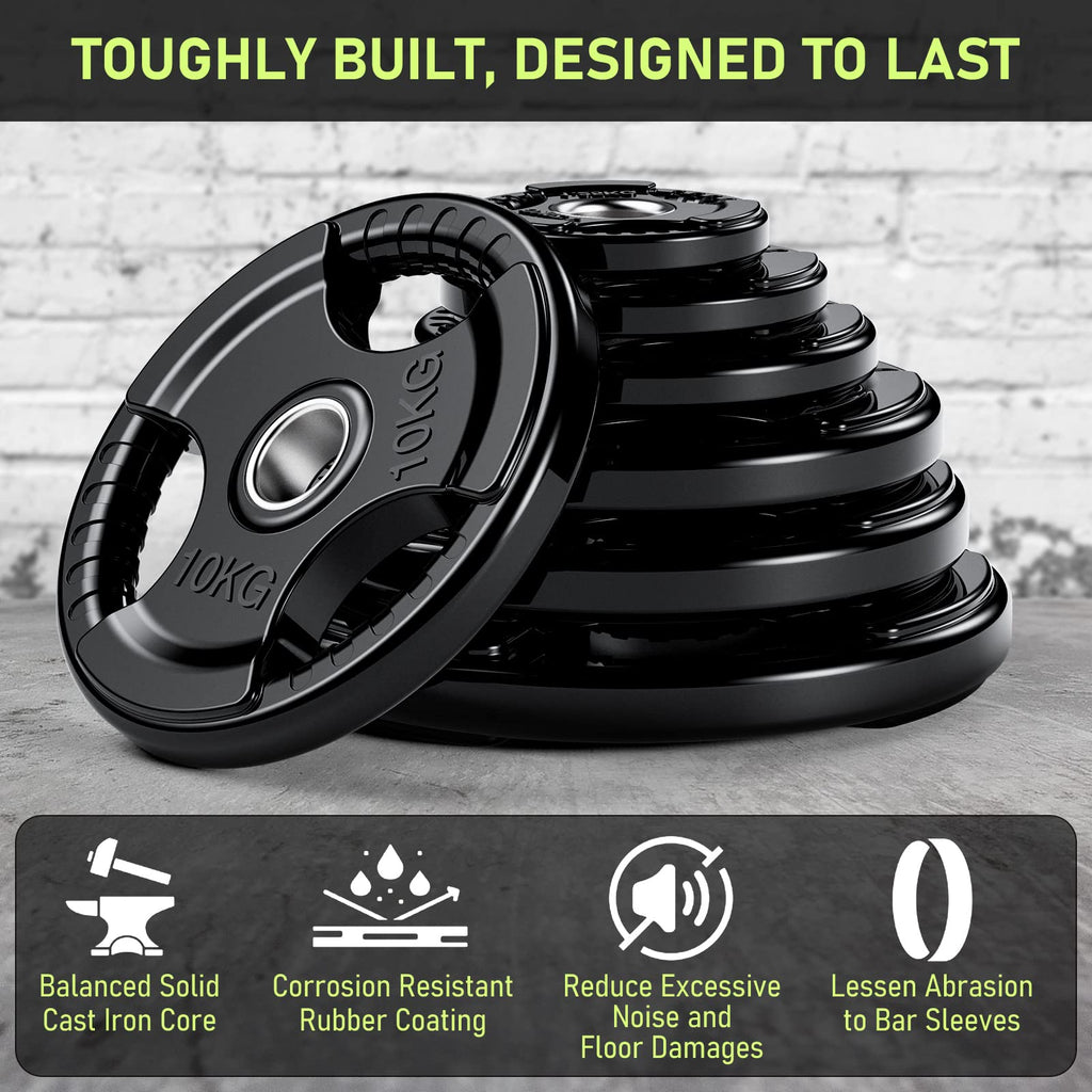 PhysKcal Olympic Weight Plates – Rubber Coated Tri-Grip Cast Iron Discs