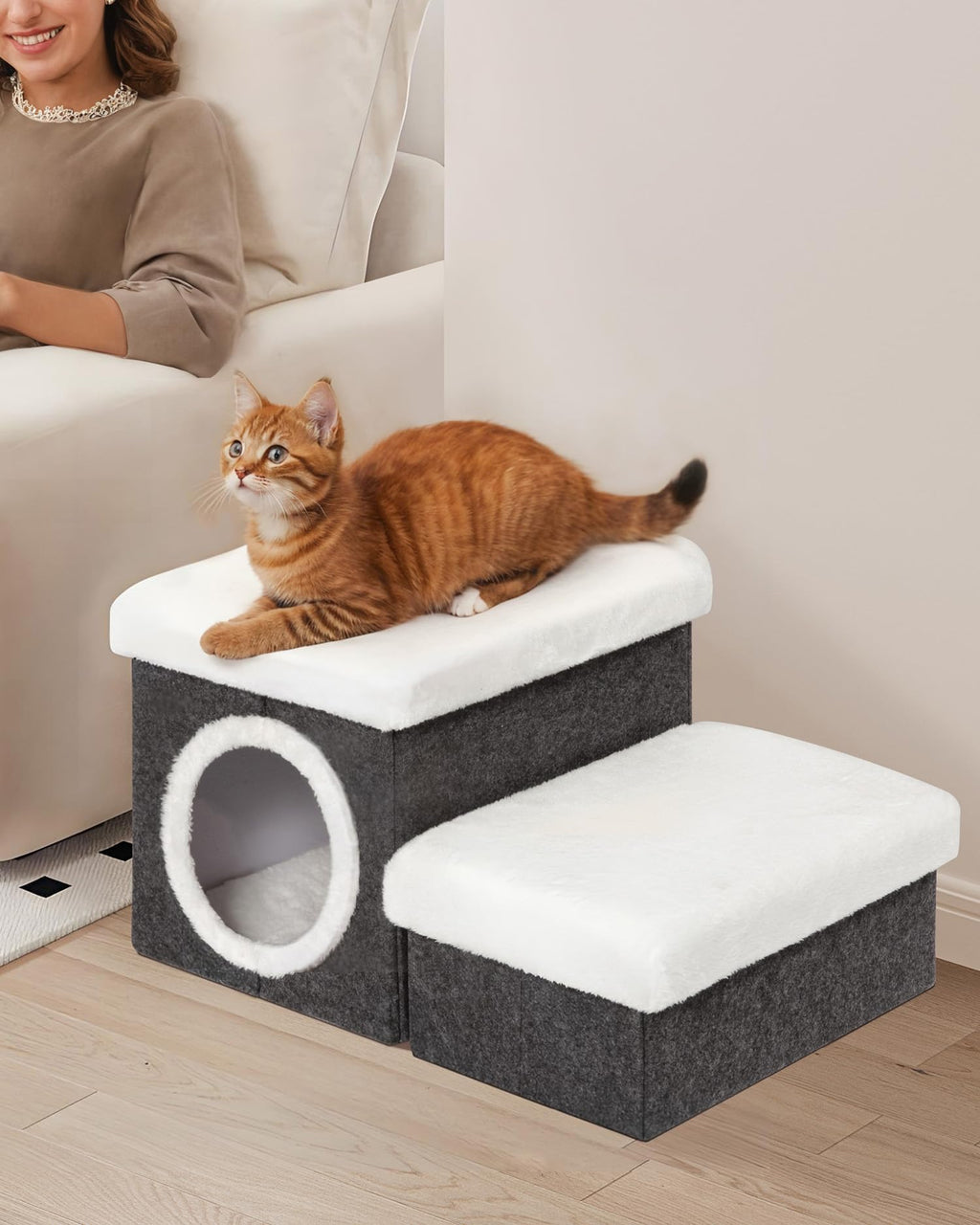 Bonlife 2-Tier Pet Stairs with Cat House & Storage – Foldable Dark Grey