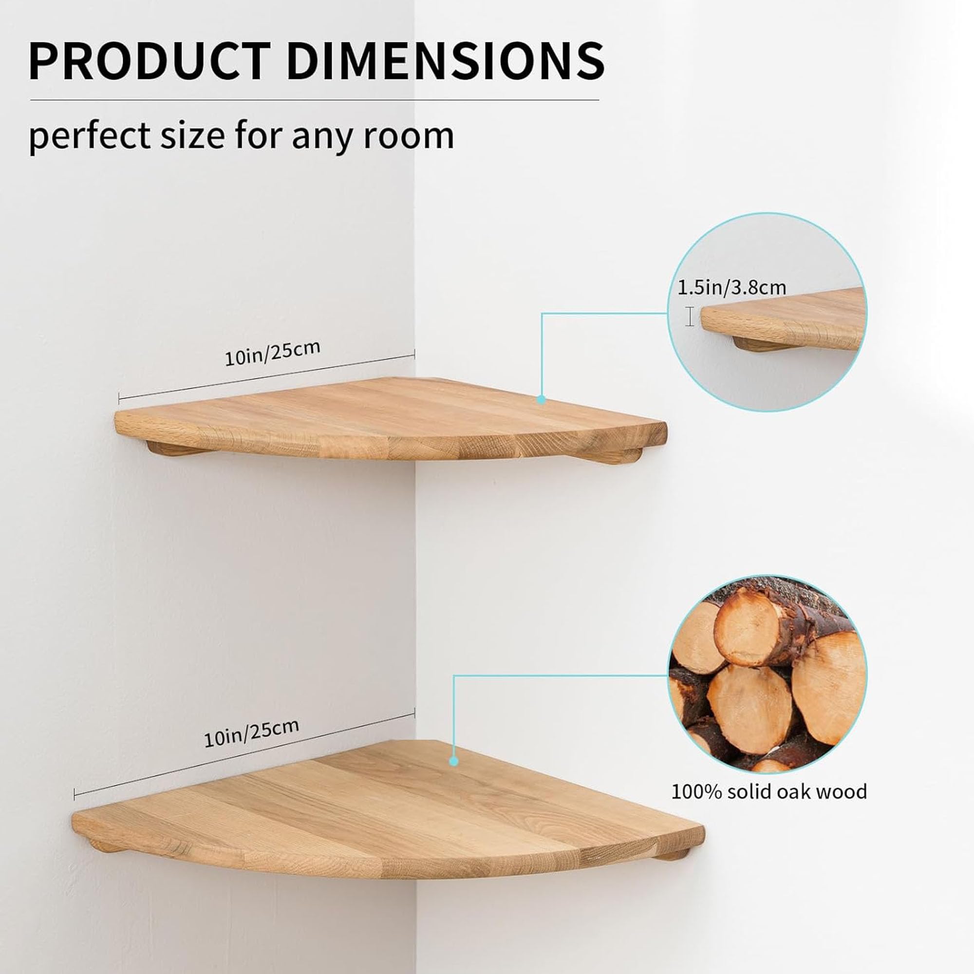 GIEANOO Solid Oak Wood Floating Corner Shelves with Wire Hole - Set of 2