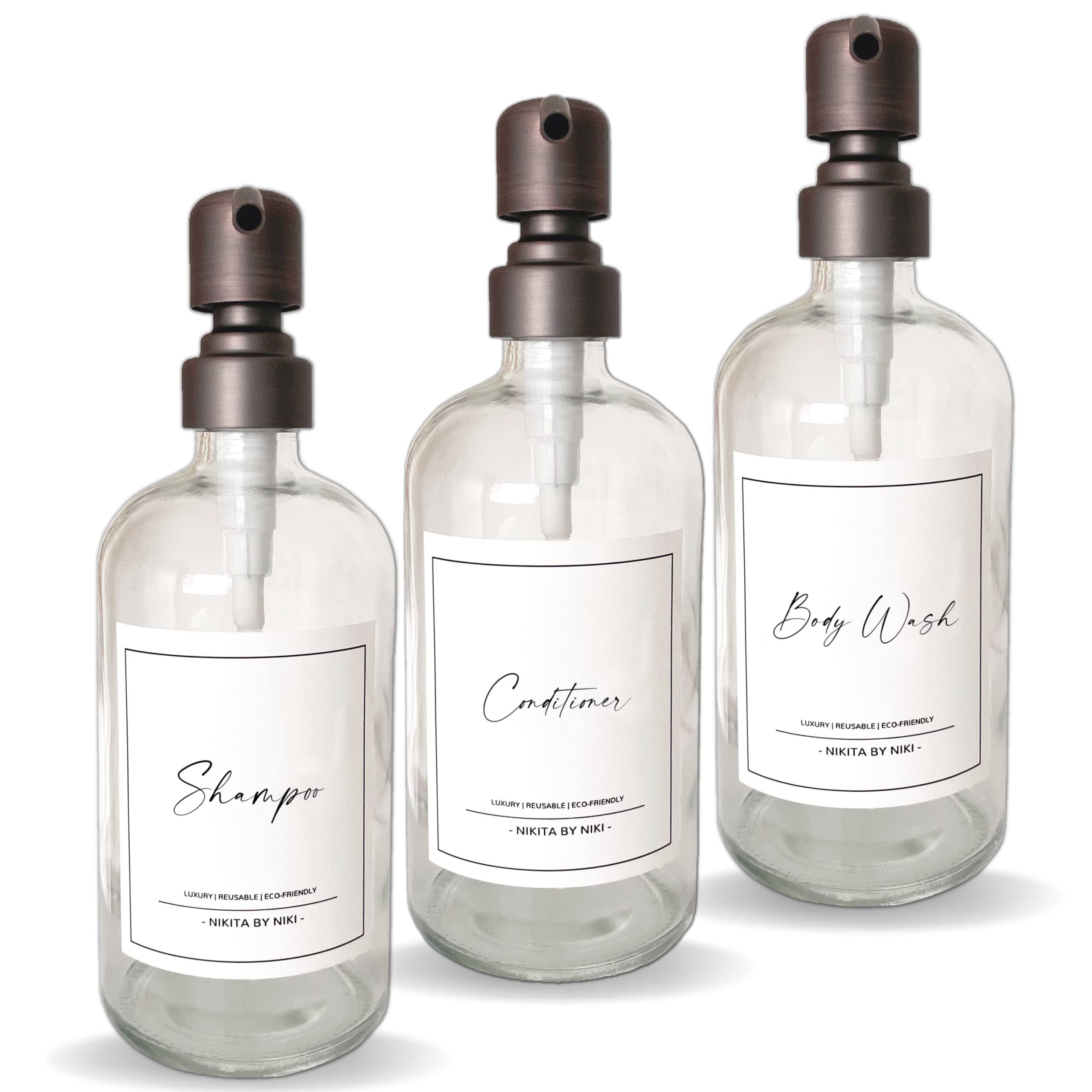 NIKITA Clear Glass Soap Dispenser Set of 3 - Stainless Steel Pump