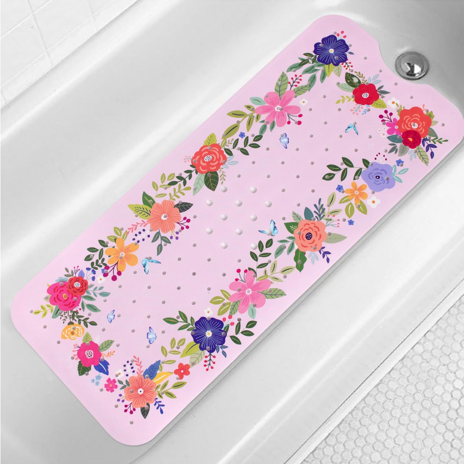 Jolof Store Non-Slip Bathtub Mat – Extra Long 40x16in Boho Floral PVC