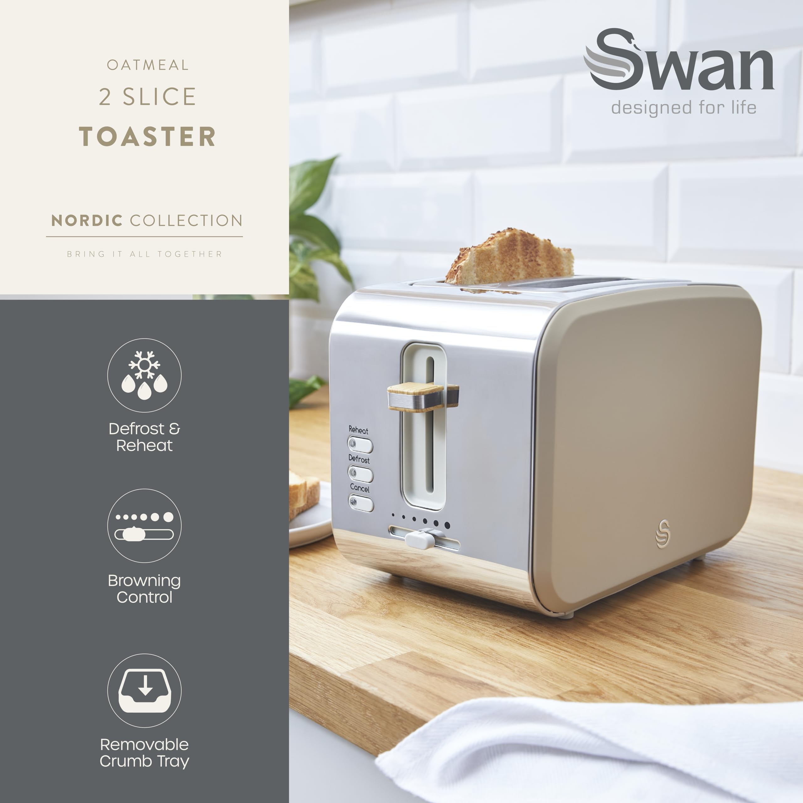 Swan Nordic 2 Slice Toaster – 900W with 6 Browning Levels, Oatmeal