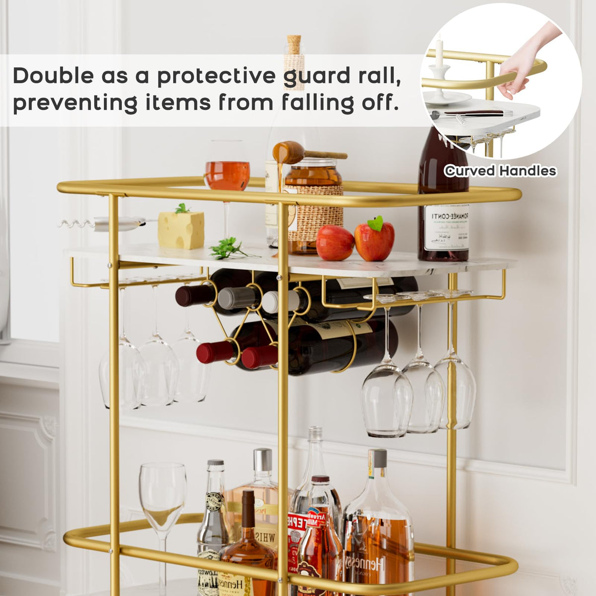DAWNYIELD 2 Tier Mobile Bar Serving Cart, Drinks Trolley on Wheels, Gold - image 5