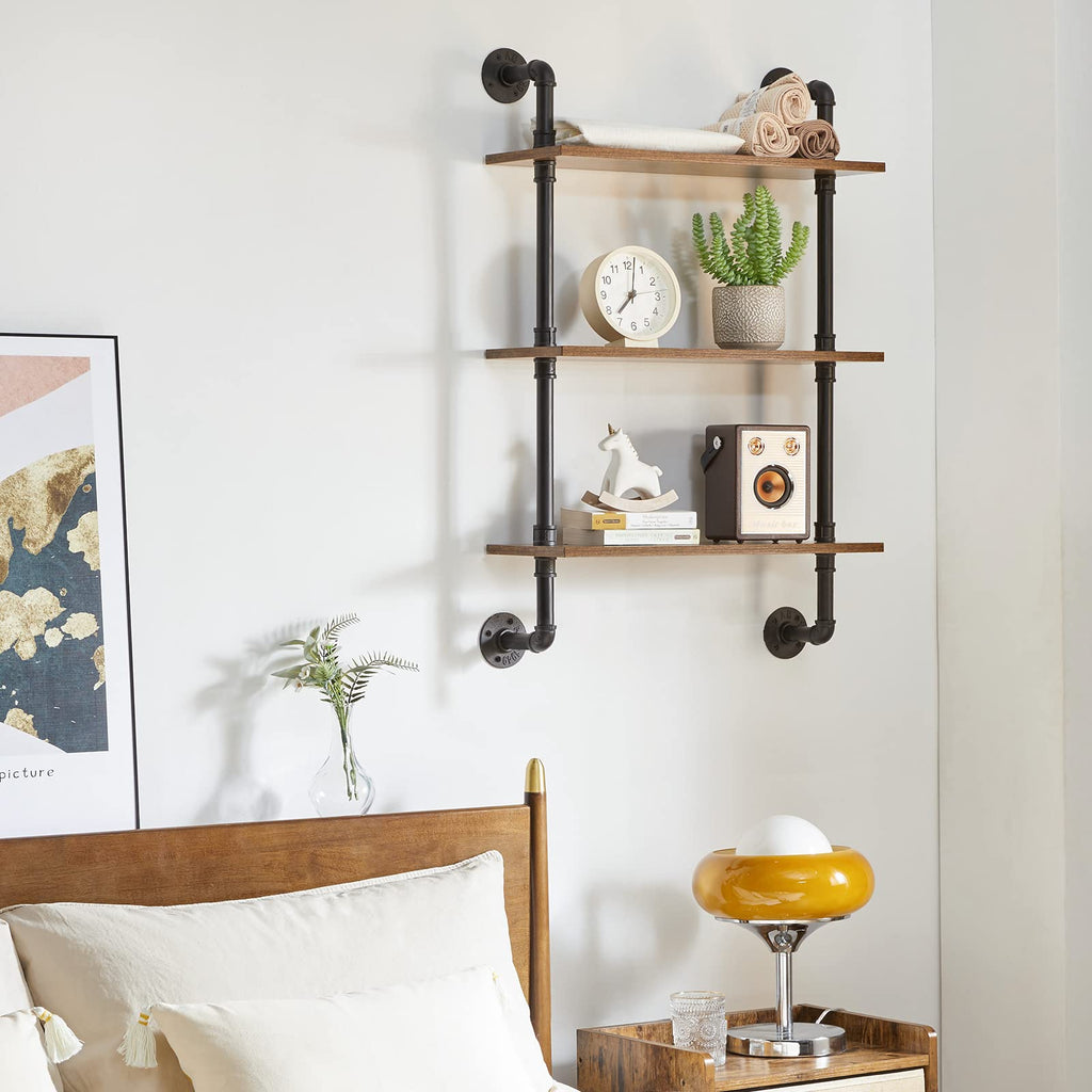 YMYNY 3-Tier Industrial Pipe Wall Mount Shelves | Rustic Wood Bookshelf