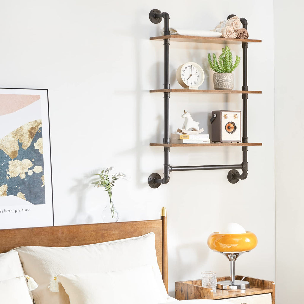 YMYNY 3-Tier Industrial Pipe Wall Mount Shelves | Rustic Wood Bookshelf