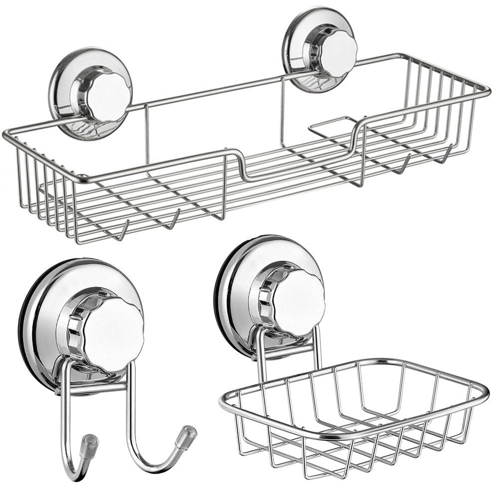 SANNO Suction Cup Shower Caddy - 3-Piece Rustproof Stainless Steel Basket