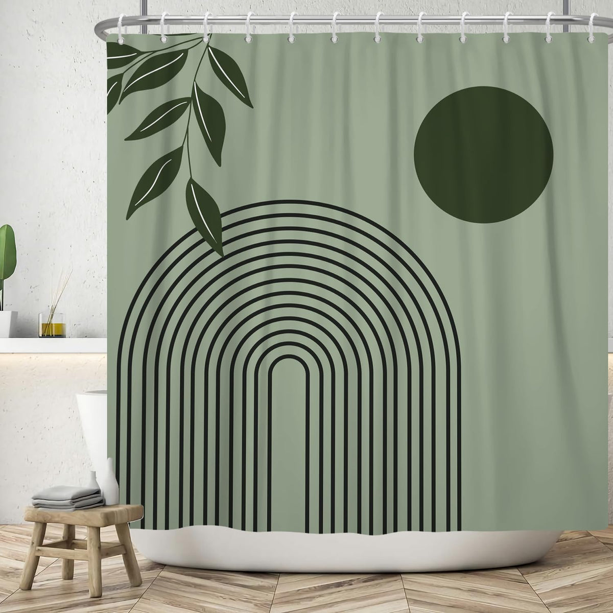 ASDCXZ Boho Shower Curtain 180x180 cm, Modern Abstract Art Green Leaves Sun Line Sage Green Bath Washable Shower Curtains Polyester Textile - image 1