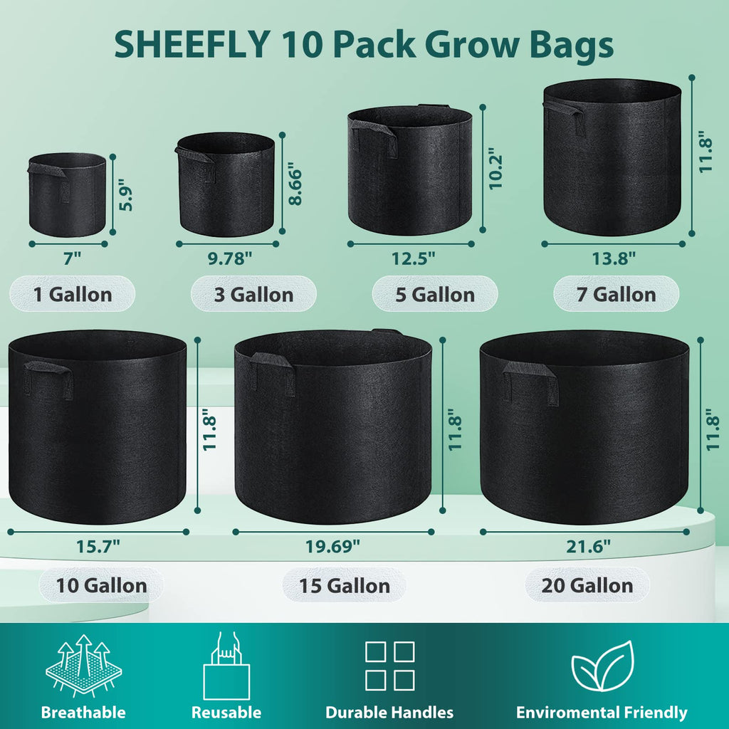 SHEEFLY 15 Gallon Grow Bags - 10 Pack Non-Woven Fabric Pots with Handles