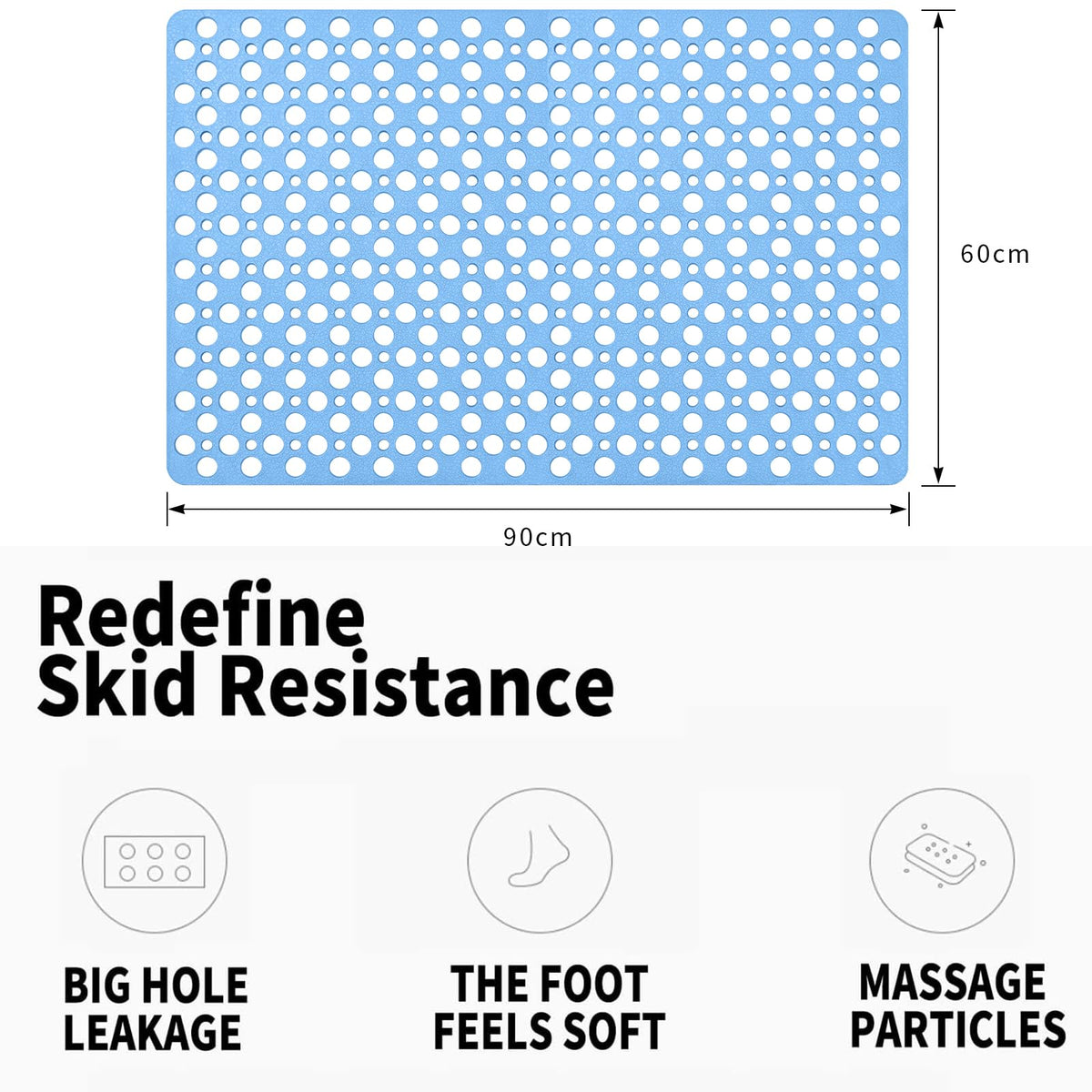 Venuso Square Shower Mats Non Slip Anti Mould, 90 x 60 cm Rubber Anti Slip Bath Mat with Drain Holes, Machine Washable