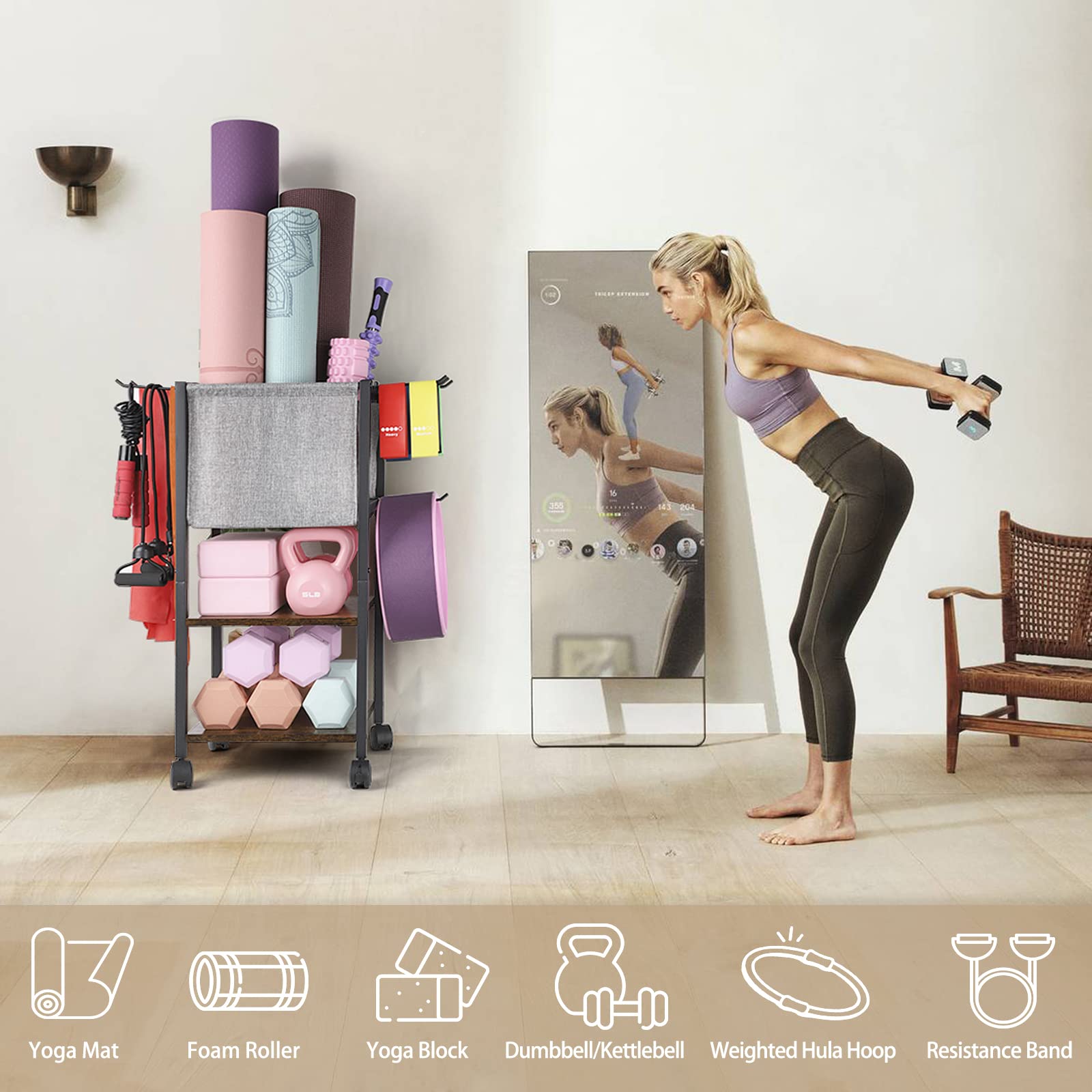 VINAEMO Yoga Mat Storage Rack - Home Gym Organizer with Hooks & Wheels