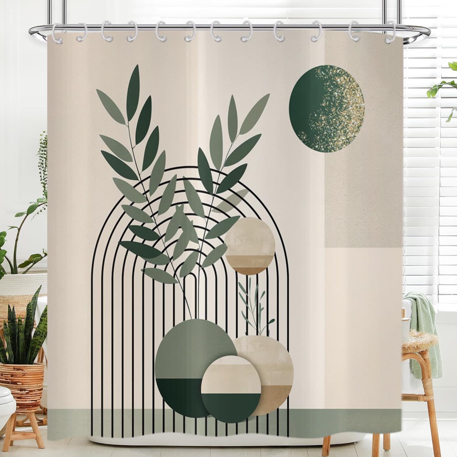 Hnmdmyi Boho Shower Curtain | Mid Century Abstract Green Leaves | 71x79in