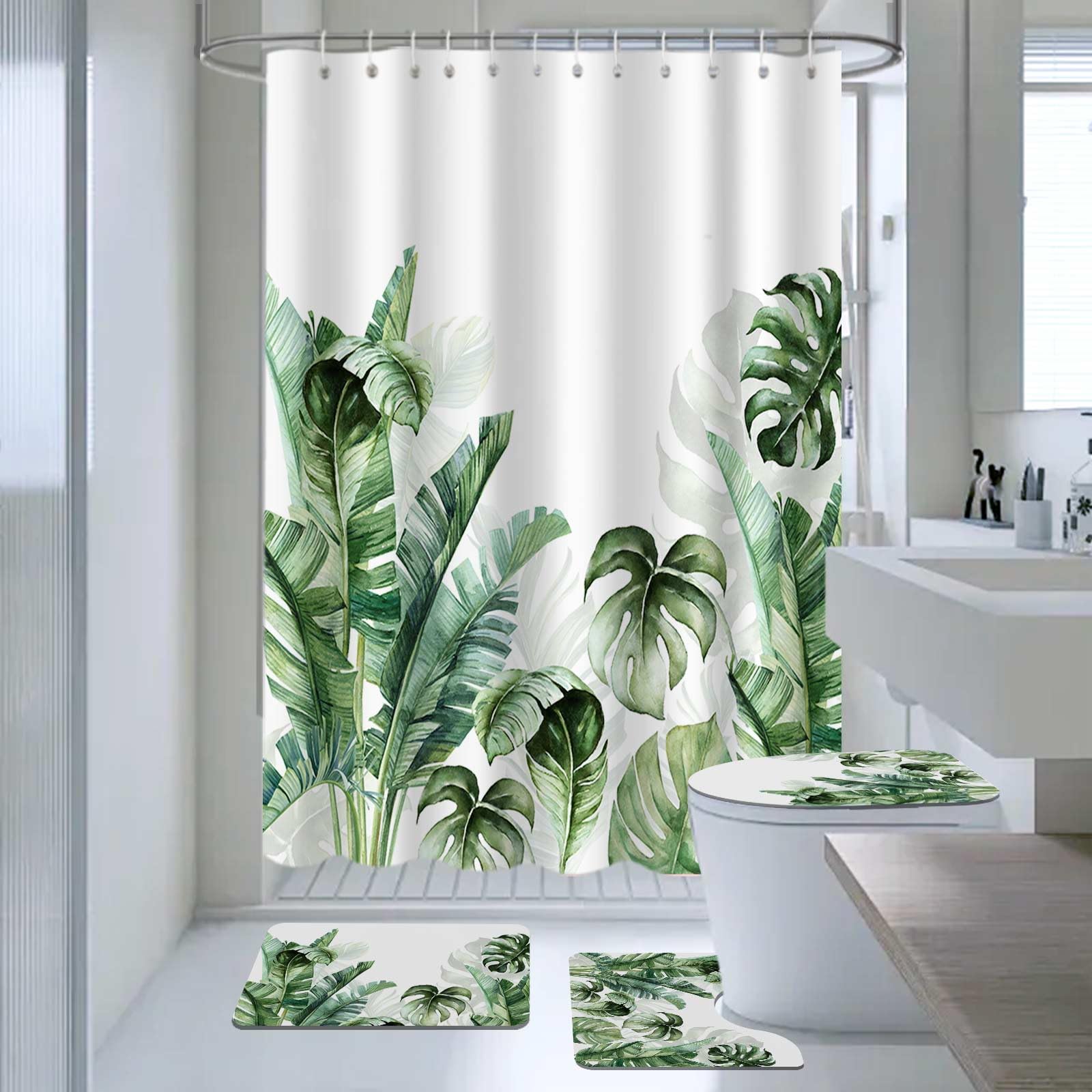 AIBIIN Tropical Green Palm Leaf 4-Piece Shower Curtain and Bath Mat Set