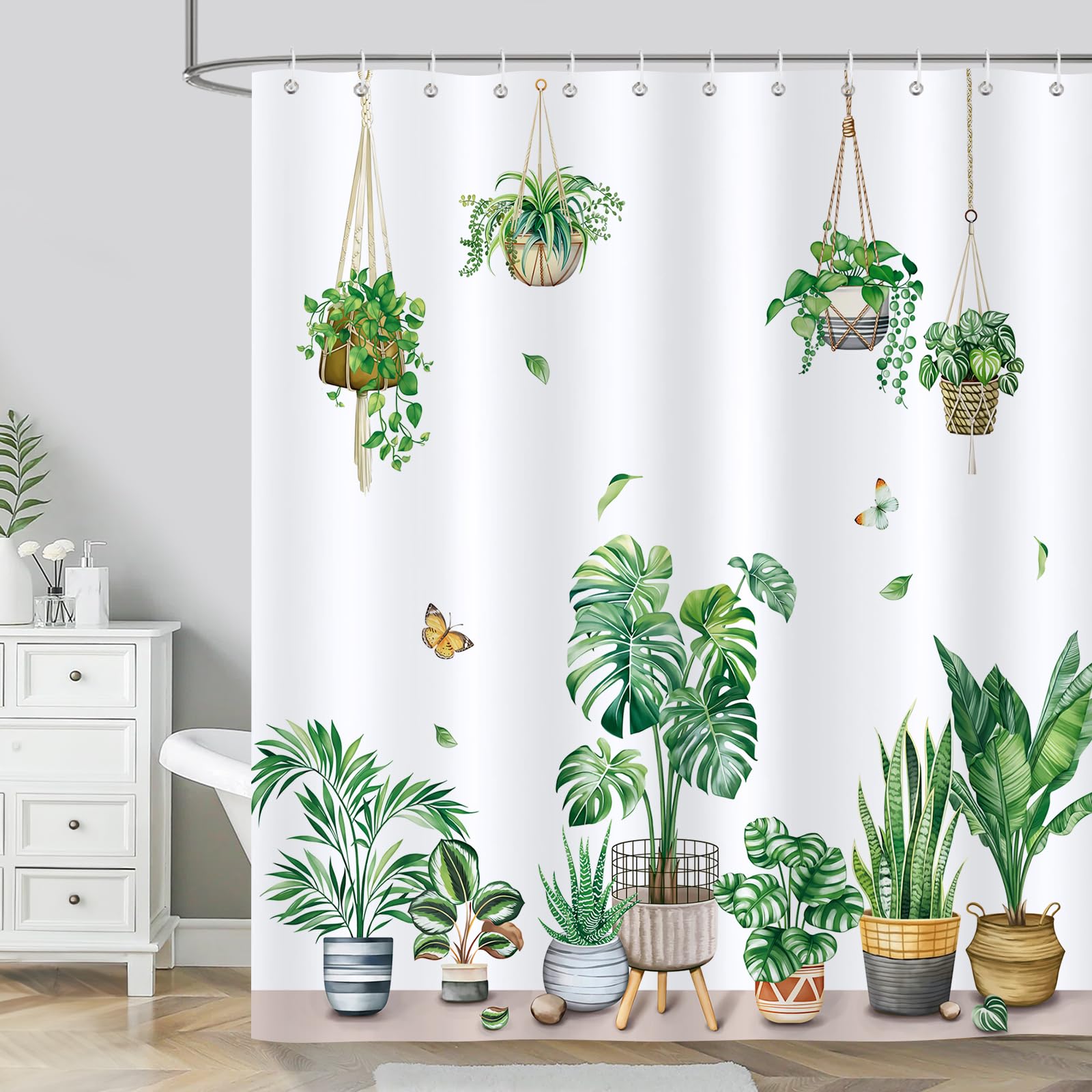 Green Potted Plant Shower Curtain | Waterproof Polyester 180x180cm