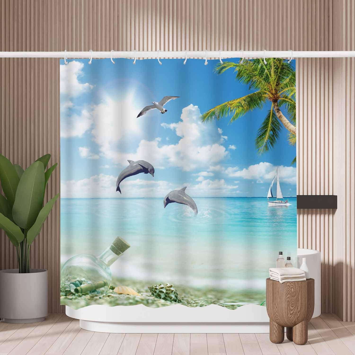 Dolphin & Palm Tree Shower Curtain | Waterproof Polyester