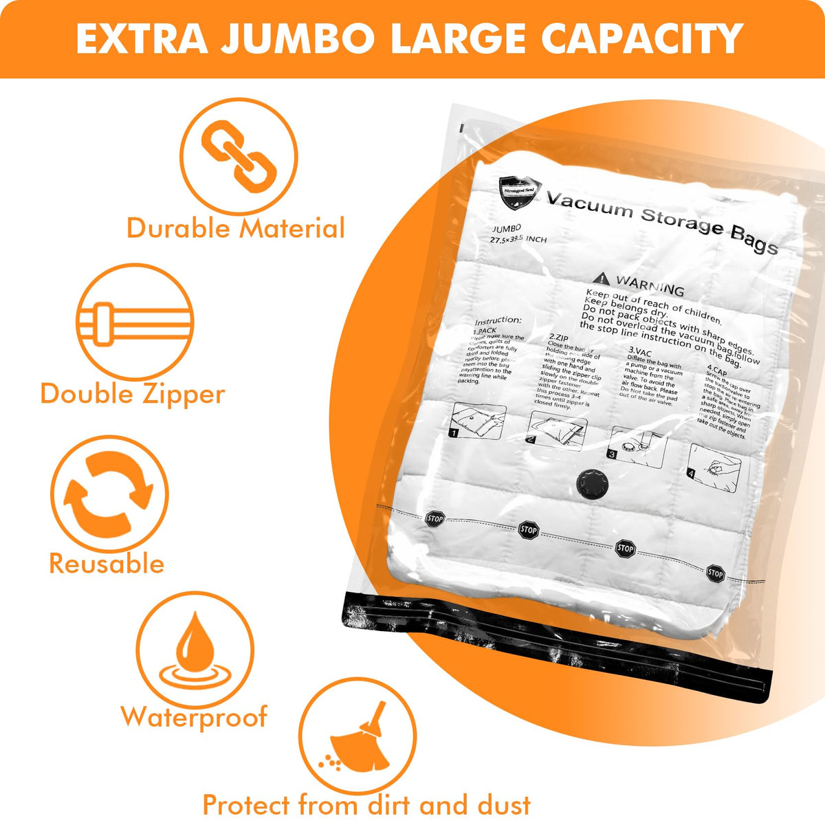 Vacuum Storage Bags 12 x Jumbo, Space Saver Sealer Compression Bags for Blankets, Comforters, Pillows, Clothes Storage