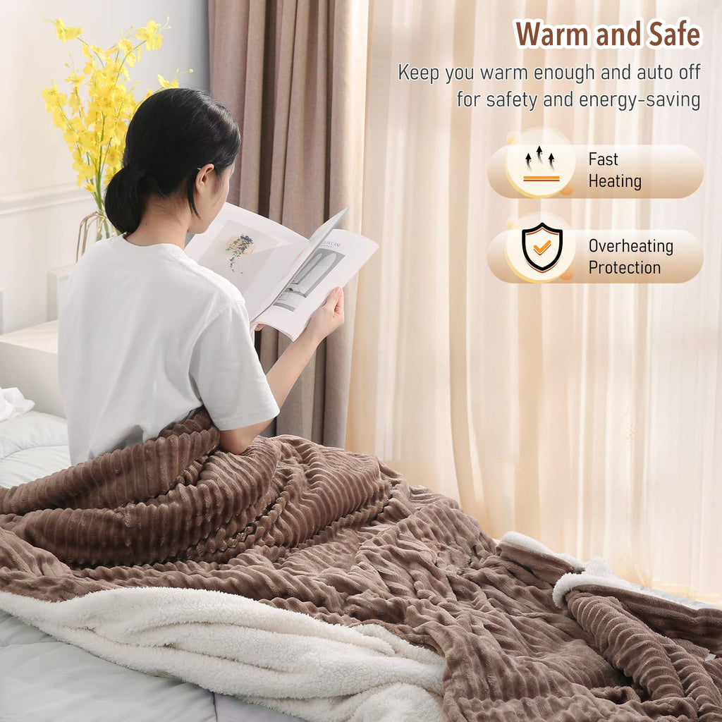 CURECURE Electric Heated Blanket – Ribbed Flannel & Sherpa Throw, 180x130cm