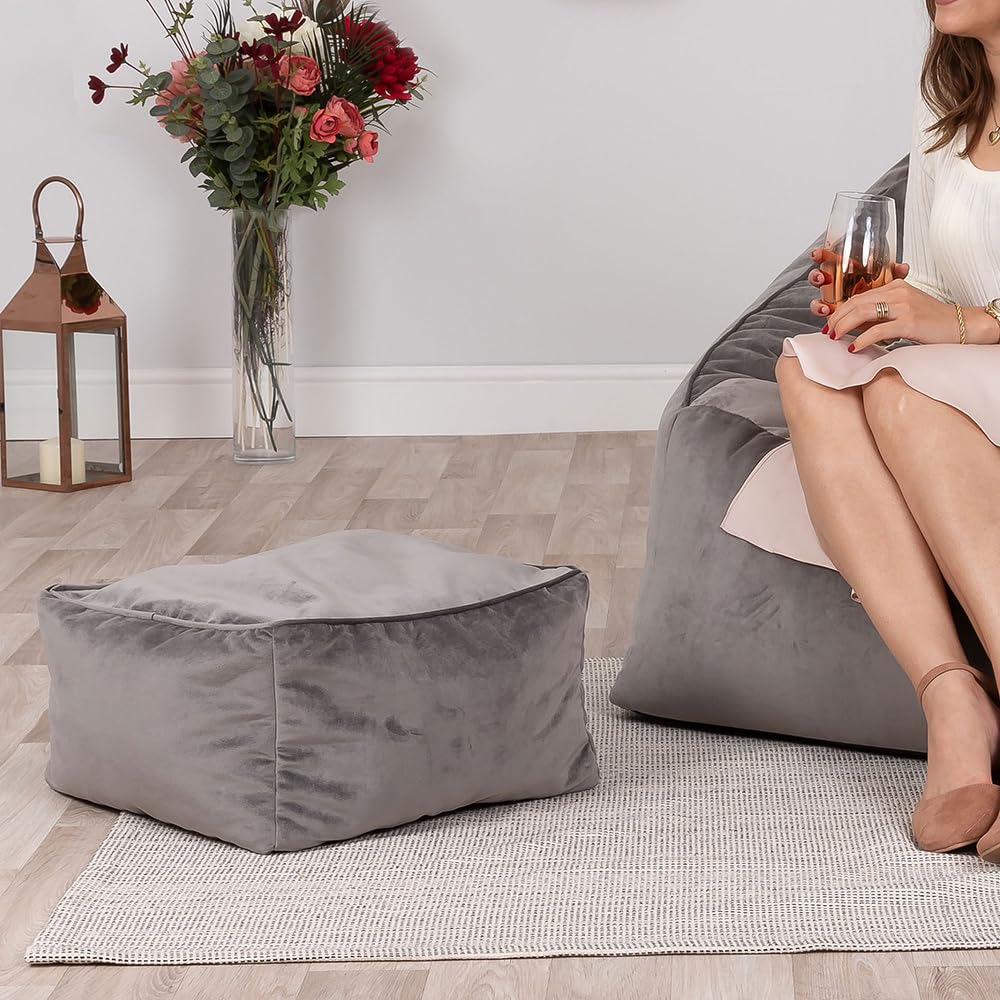 icon Amara Velvet Bean Bag Footstool | Charcoal Grey Square Pouffe