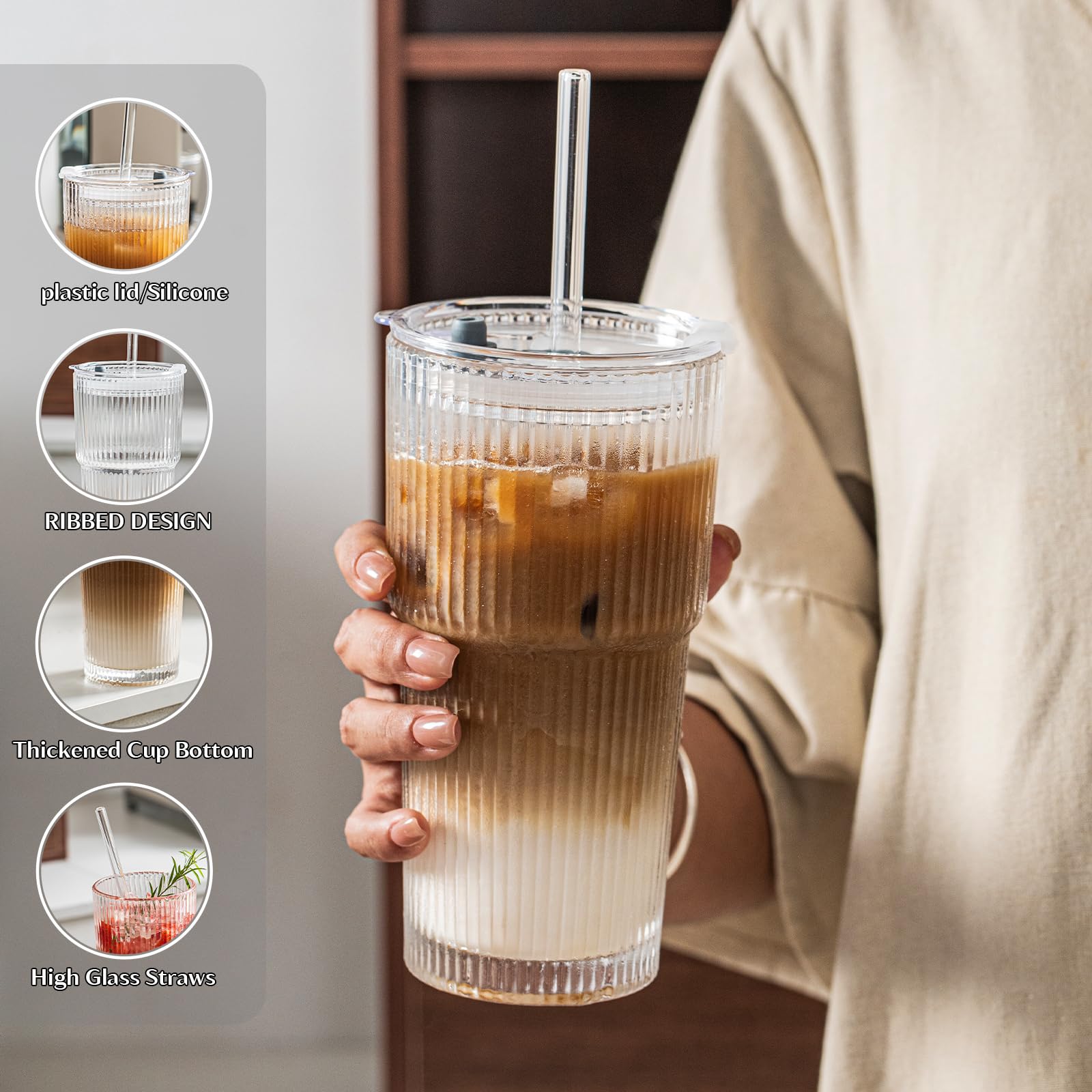 INSETLAN Ribbed Glass Tumblers with Lids and Straws - 600ml Set of 4