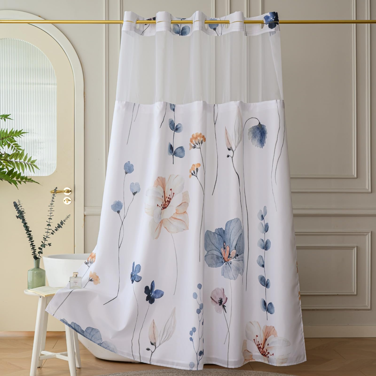 Yofori Hookless Shower Curtain | Blue Floral with Snap-in Fabric Liner