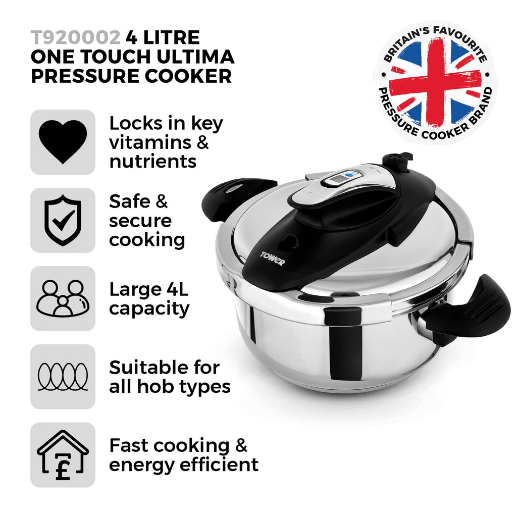 Tower T920002 One-Touch Ultima 4L Pressure Cooker | Stainless Steel