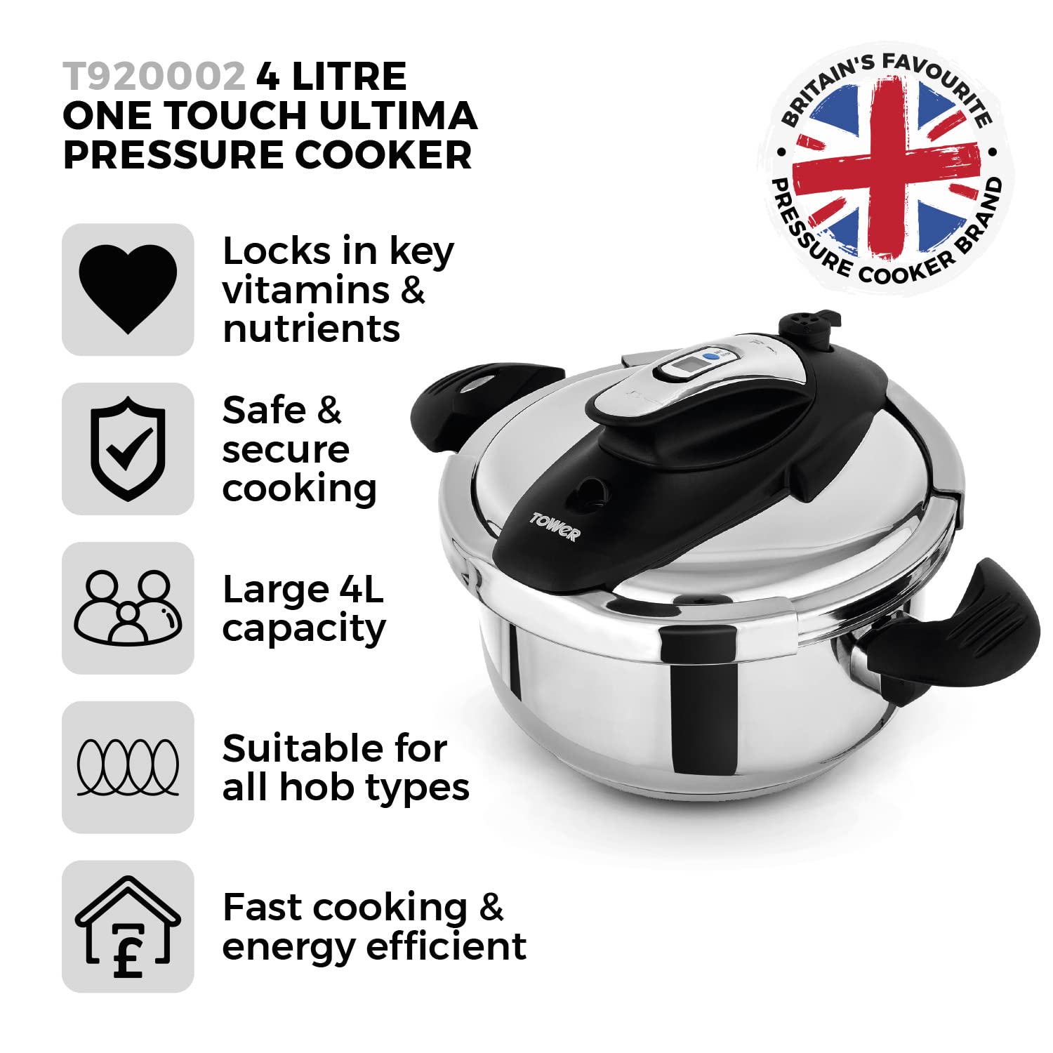 Tower T920002 One-Touch Ultima 4L Pressure Cooker | Stainless Steel