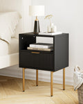 HEYZOEY Mid-Century Modern Nightstand – Black Wood Bedside Table with Drawer