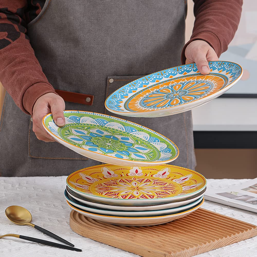 AHX 10-Inch Ceramic Dinner Plates Set of 6 | Colorful Vintage Patterns