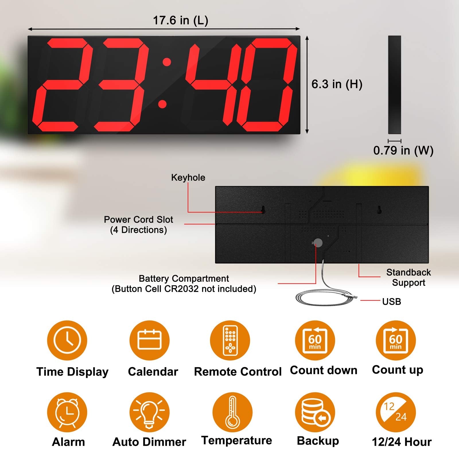 CHKOSDA Large Digital Wall Clock | 6" LED Display with Countdown Timer