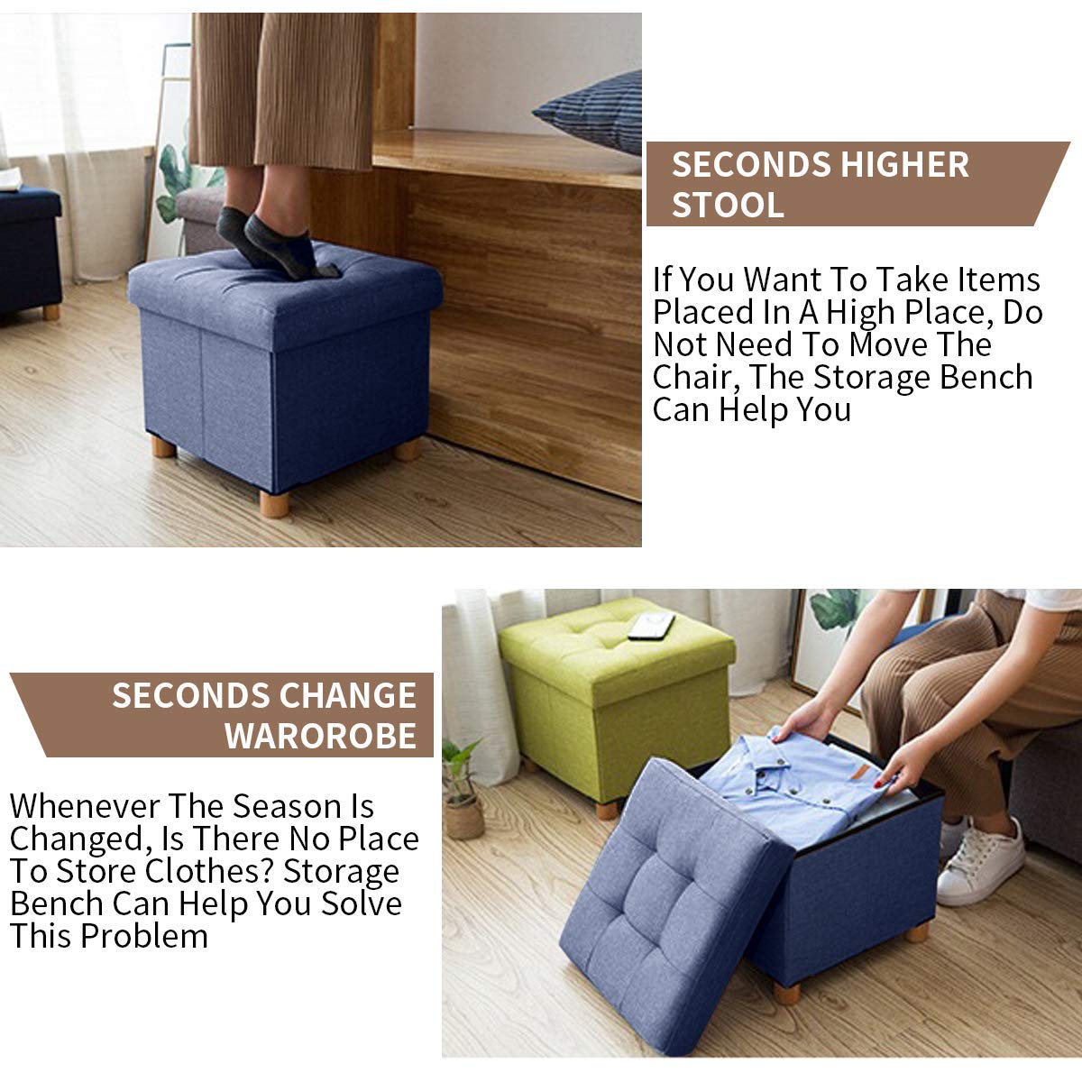 BRIAN & DANY Folding Storage Ottoman with Wood Legs - Navy Blue Linen