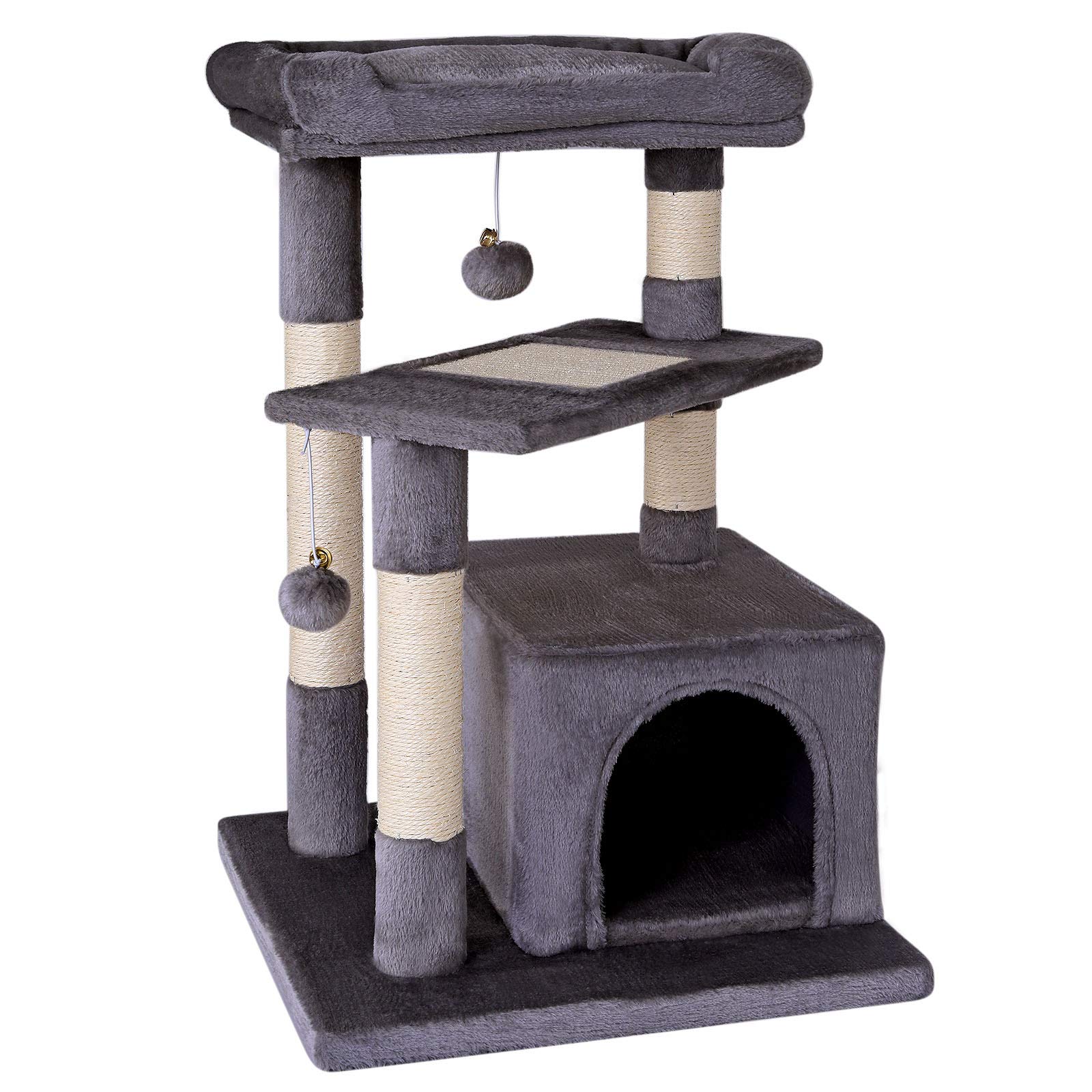 lionto Cat Tree with Sisal Scratching Post, Cave & Bed - Dark Grey, 75 cm