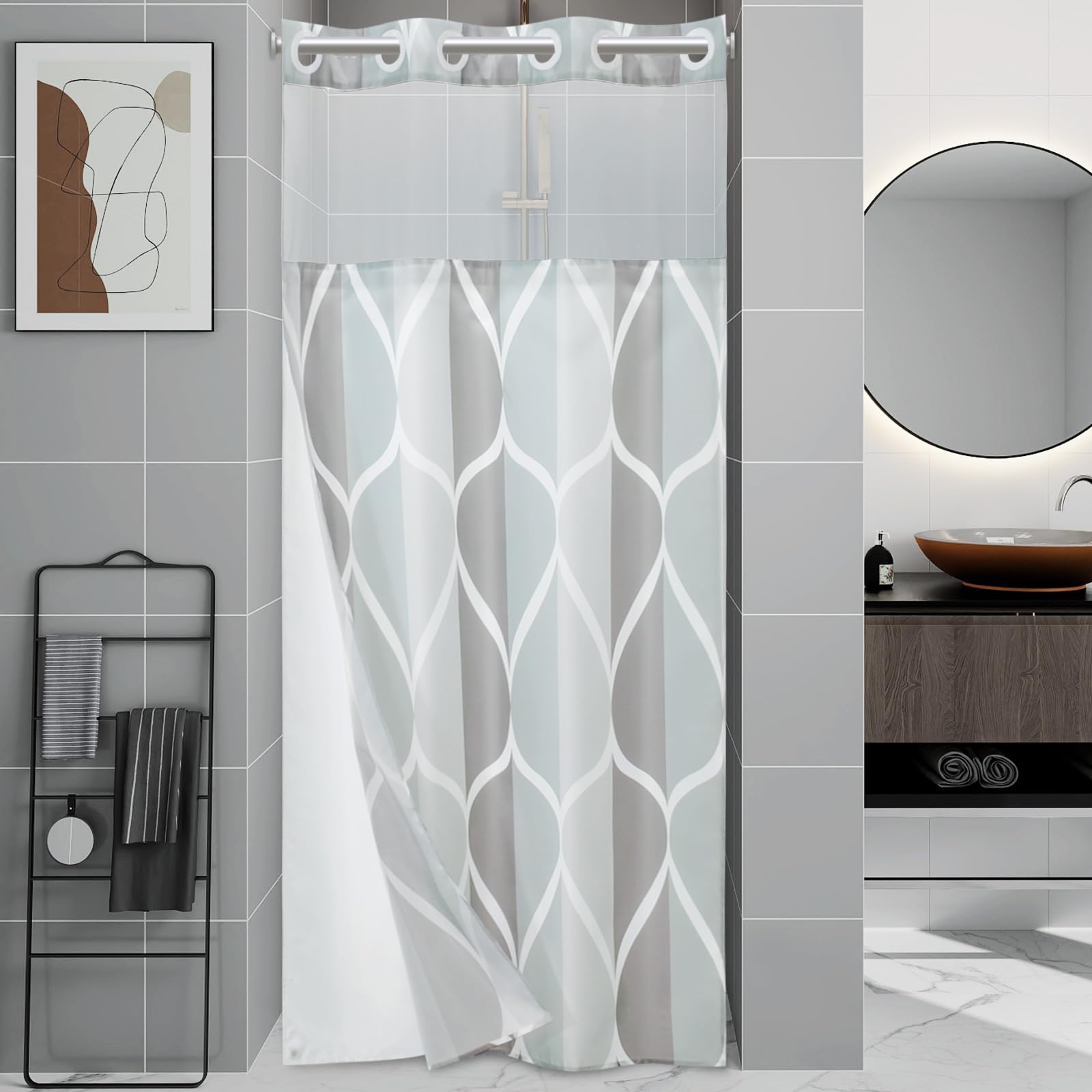 Jolof Store No Hook Stall Shower Curtain with Snap-in Liner - Grey Mesh Top