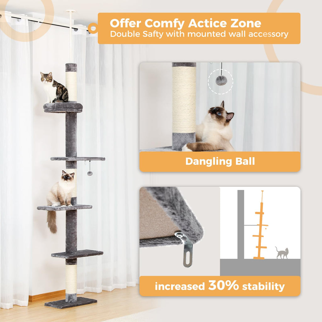 PAWZ Road 5-Tier Floor to Ceiling Cat Tree | Adjustable Height Tower - Grey