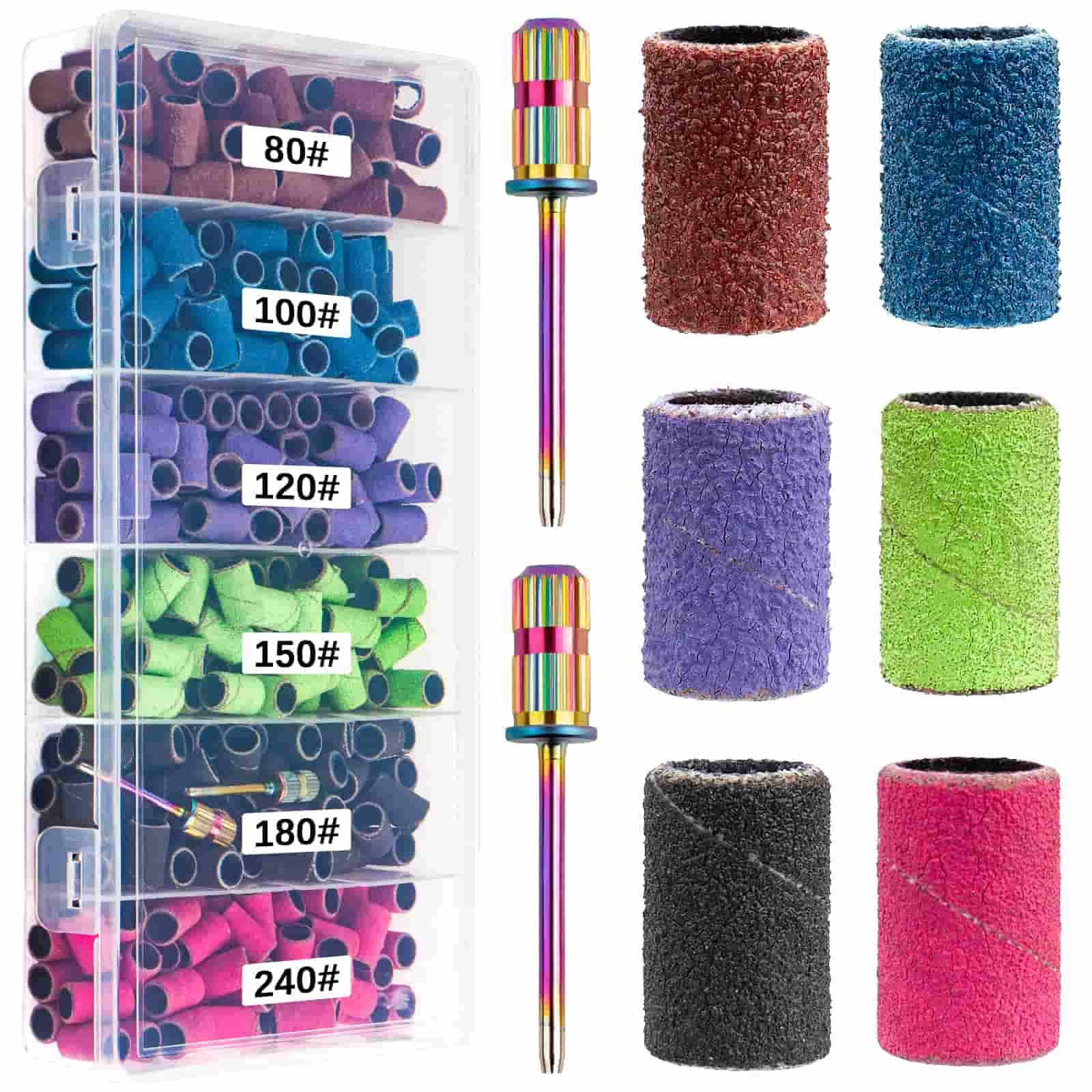 Difenni 300Pcs Nail Sanding Bands Set with 3/32 Mandrel Bits – 6 Grits