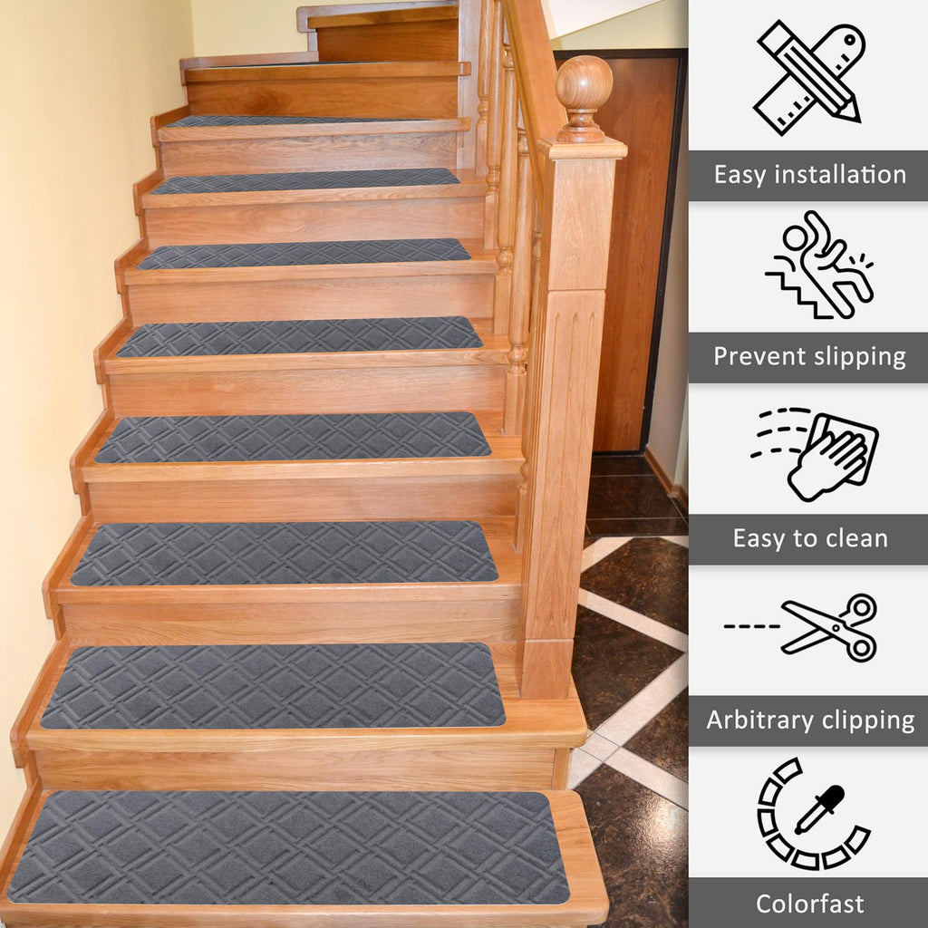 Triceratops Non-Slip Stair Treads - 14-Pack Washable Wool Blend Runners