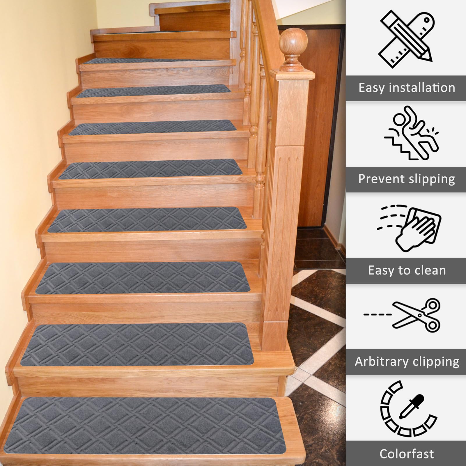 Triceratops Non-Slip Stair Treads - 14-Pack Washable Wool Blend Runners
