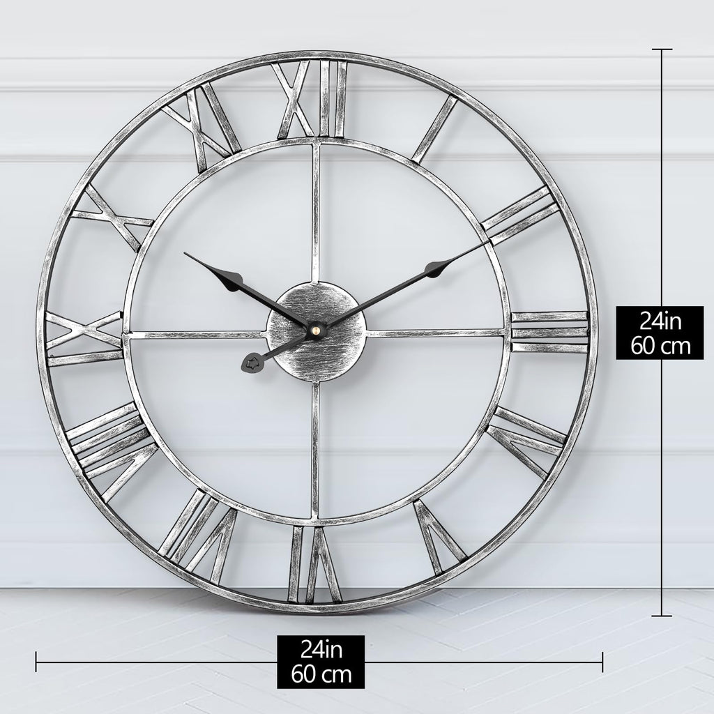 LENAUQ 60cm Roman Numeral Wall Clock – Silent Vintage Iron Skeleton