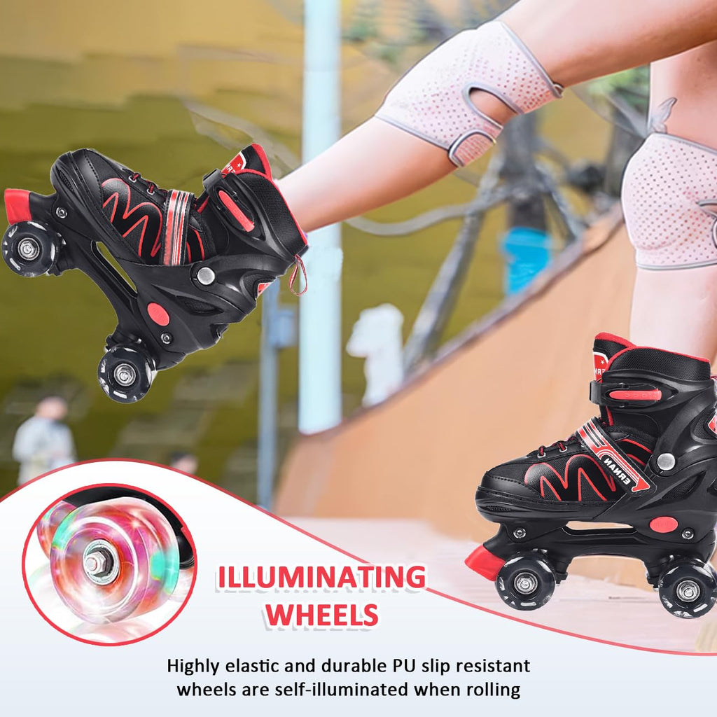 ERNAN Kids Roller Skates | 4 Size Adjustable Light Up Wheels - Red